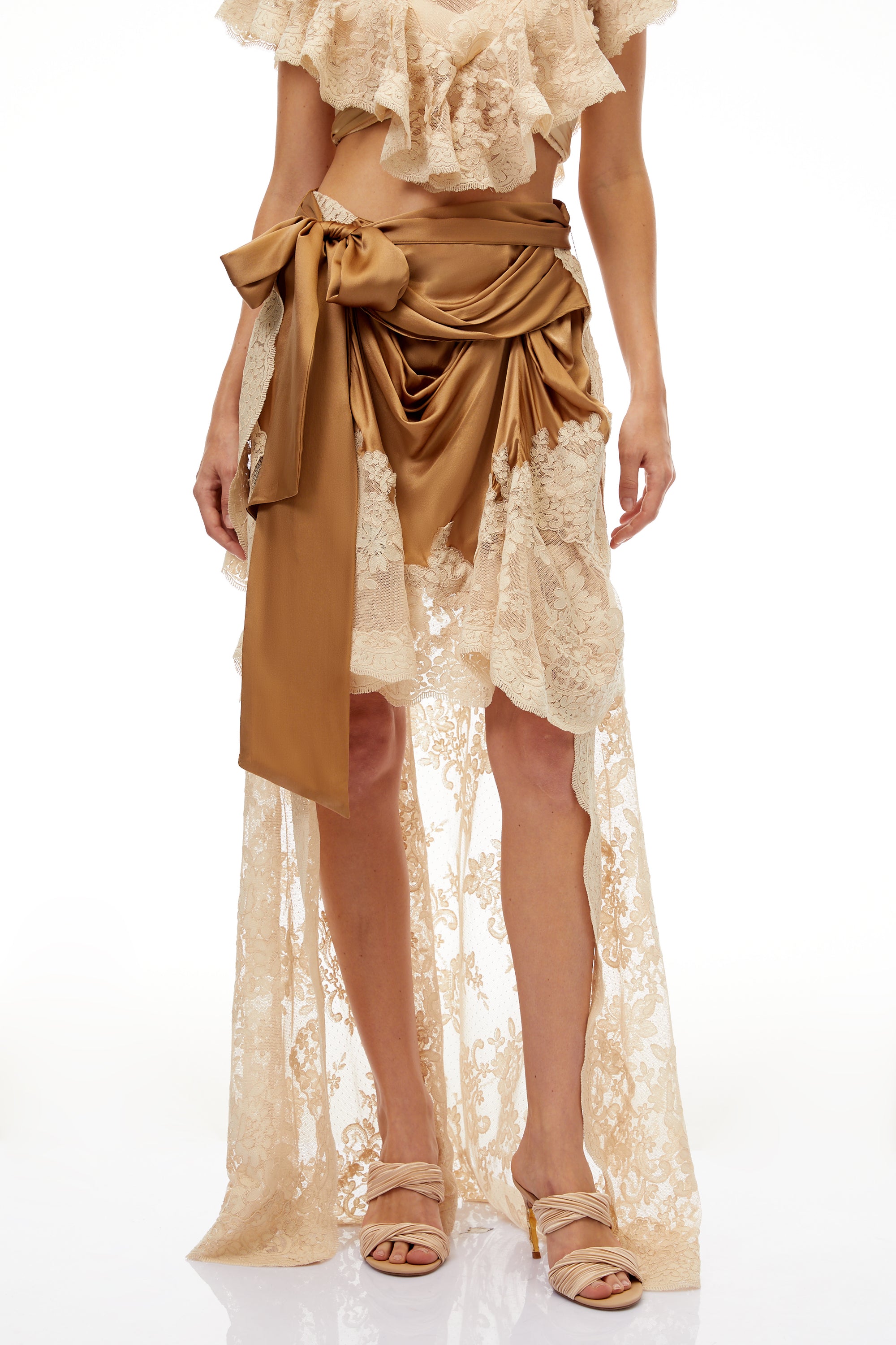 Pascale Brown Asymmetrical Satin Panel Lace Skirt