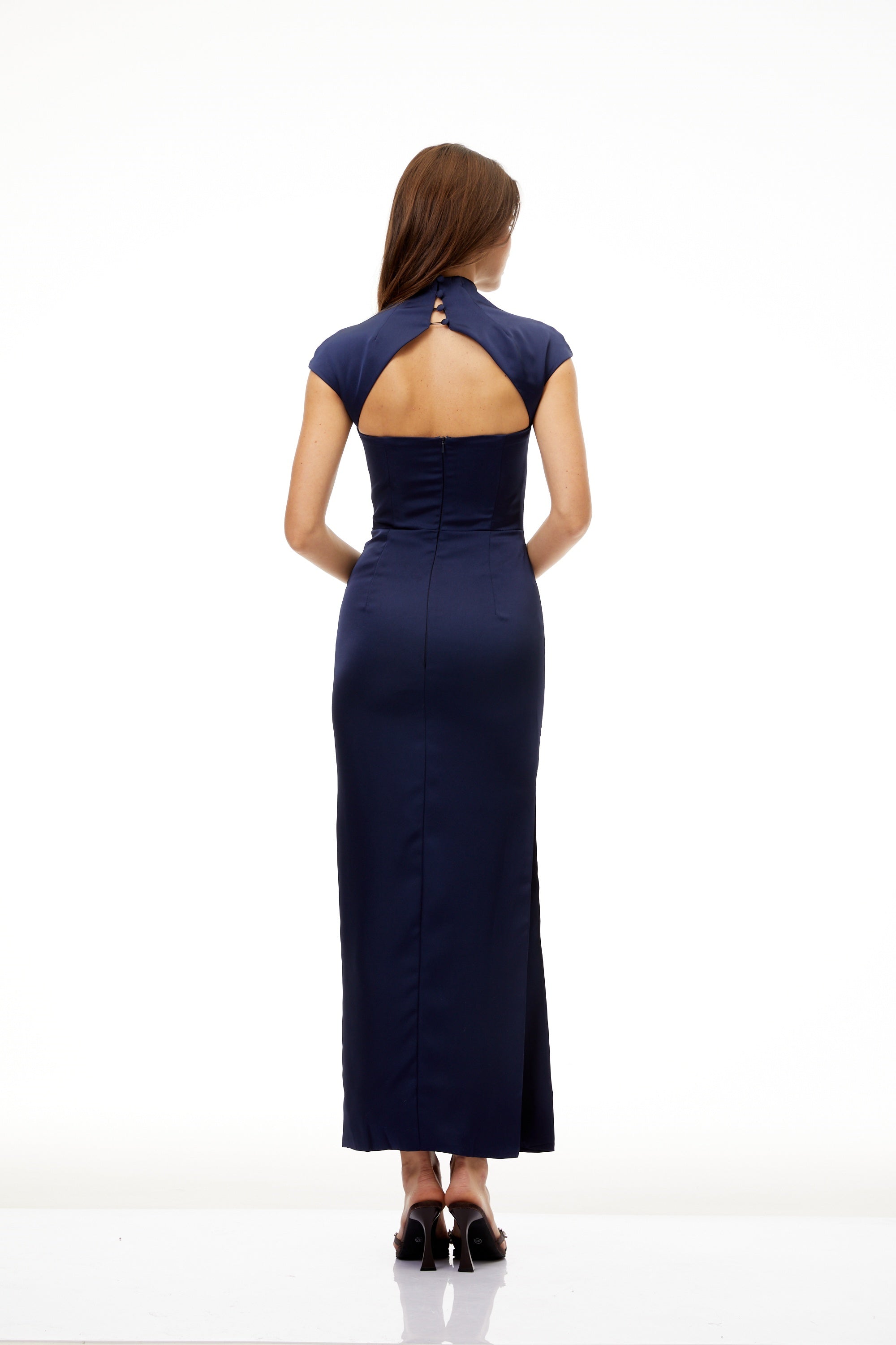 Karine Navy Blue Satin Pencil Maxi Dress