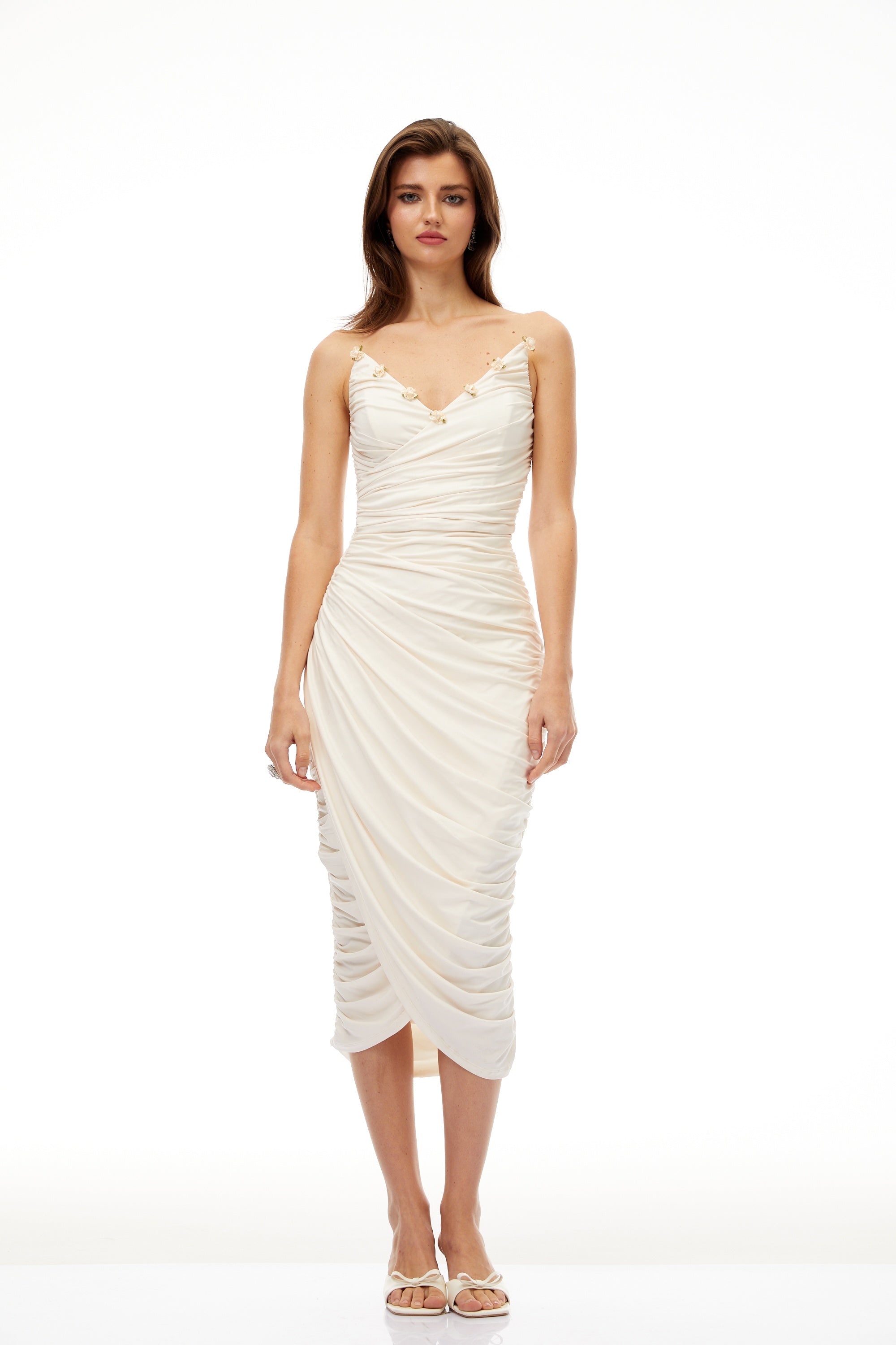 Geneviève White Floral Gathered Midi Bodycon Dress