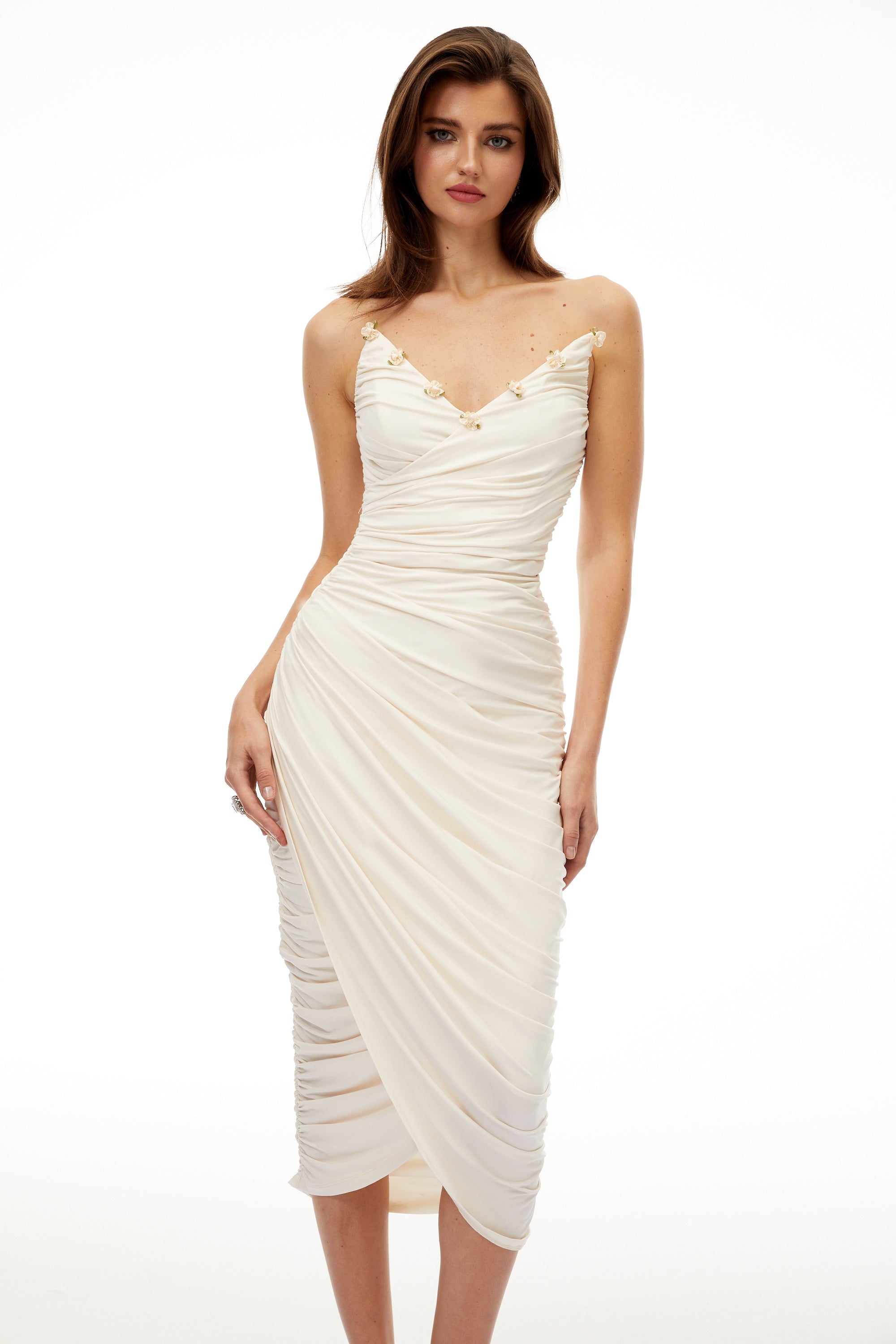 Geneviève White Floral Gathered Midi Bodycon Dress