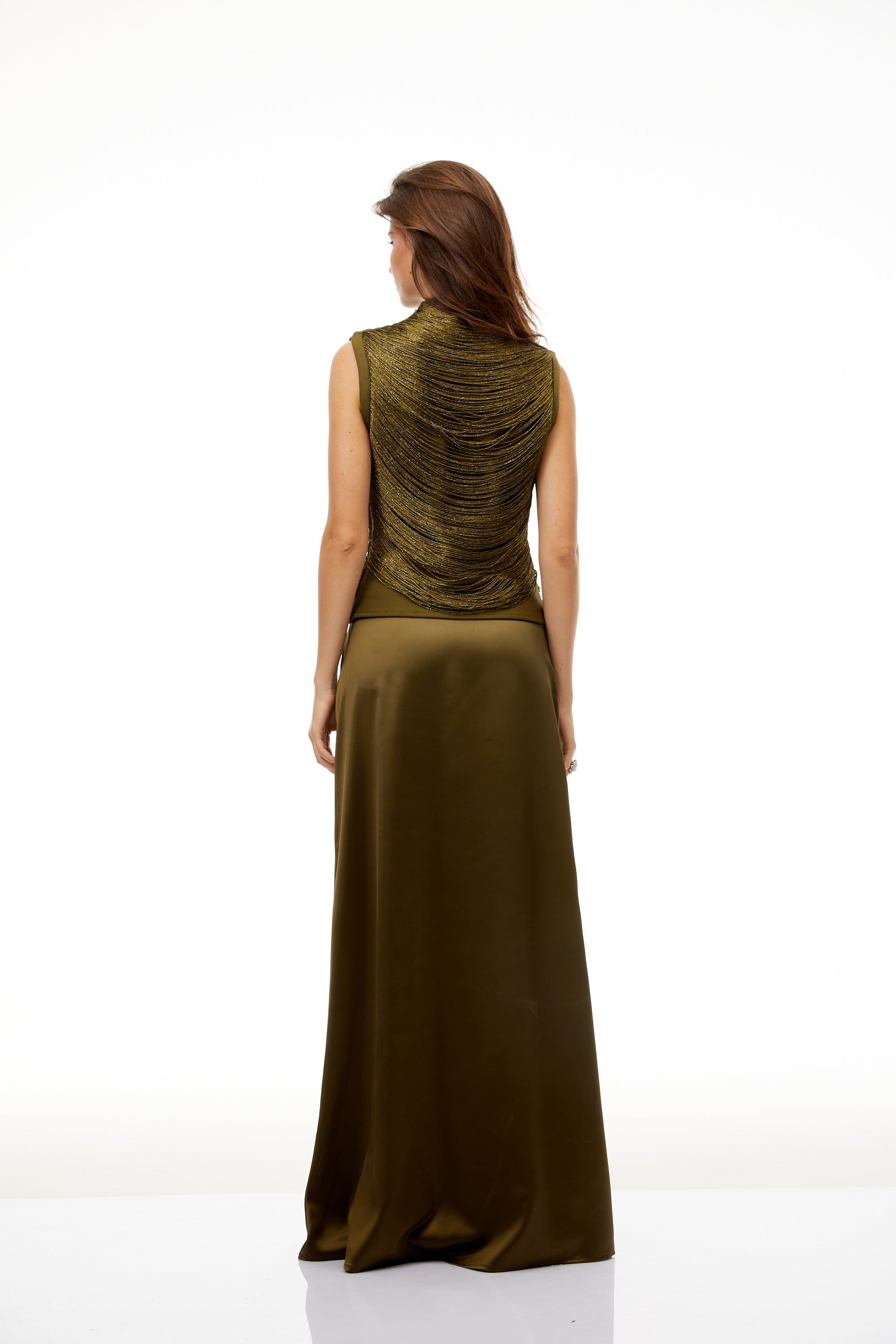 Borbála Green Fringed Top & Satin Skirt Set