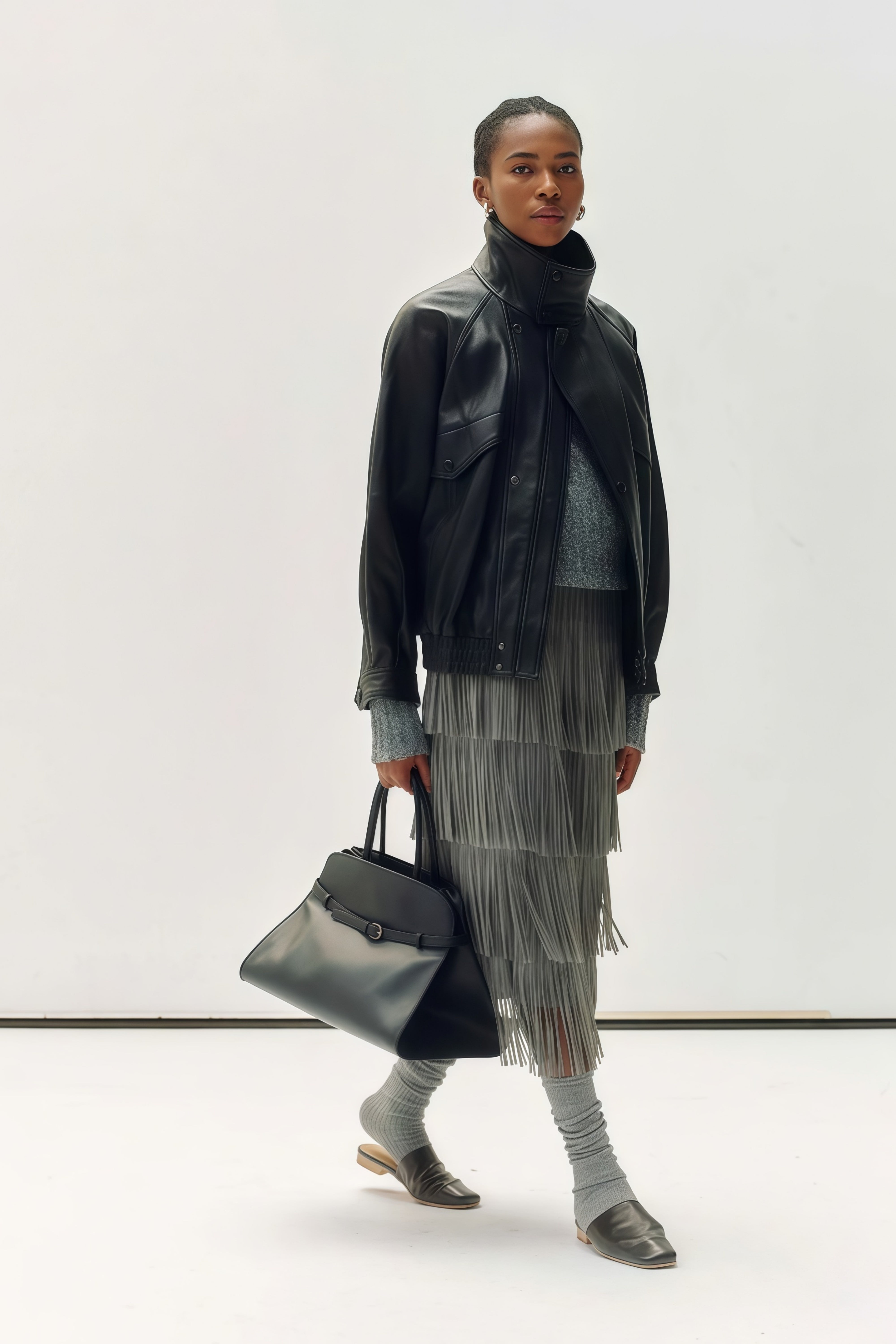 سترة جلدية ذات ياقة قائمة باللون الأسود الفاتح