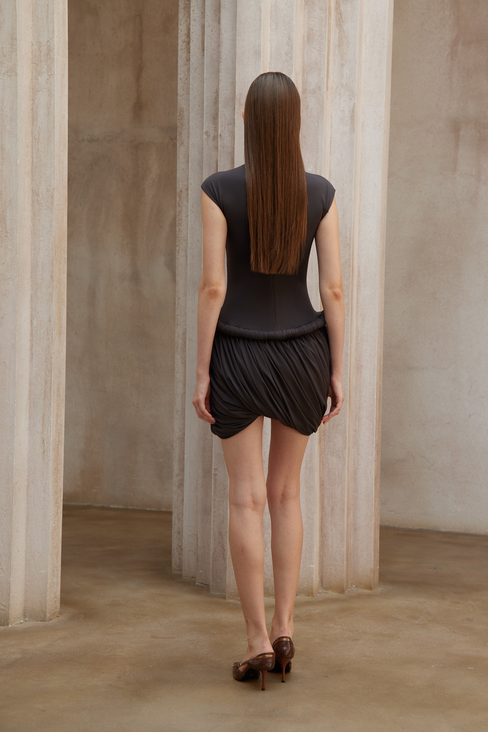 Fleur Grey Ruched Bubble Hem Mini Dress