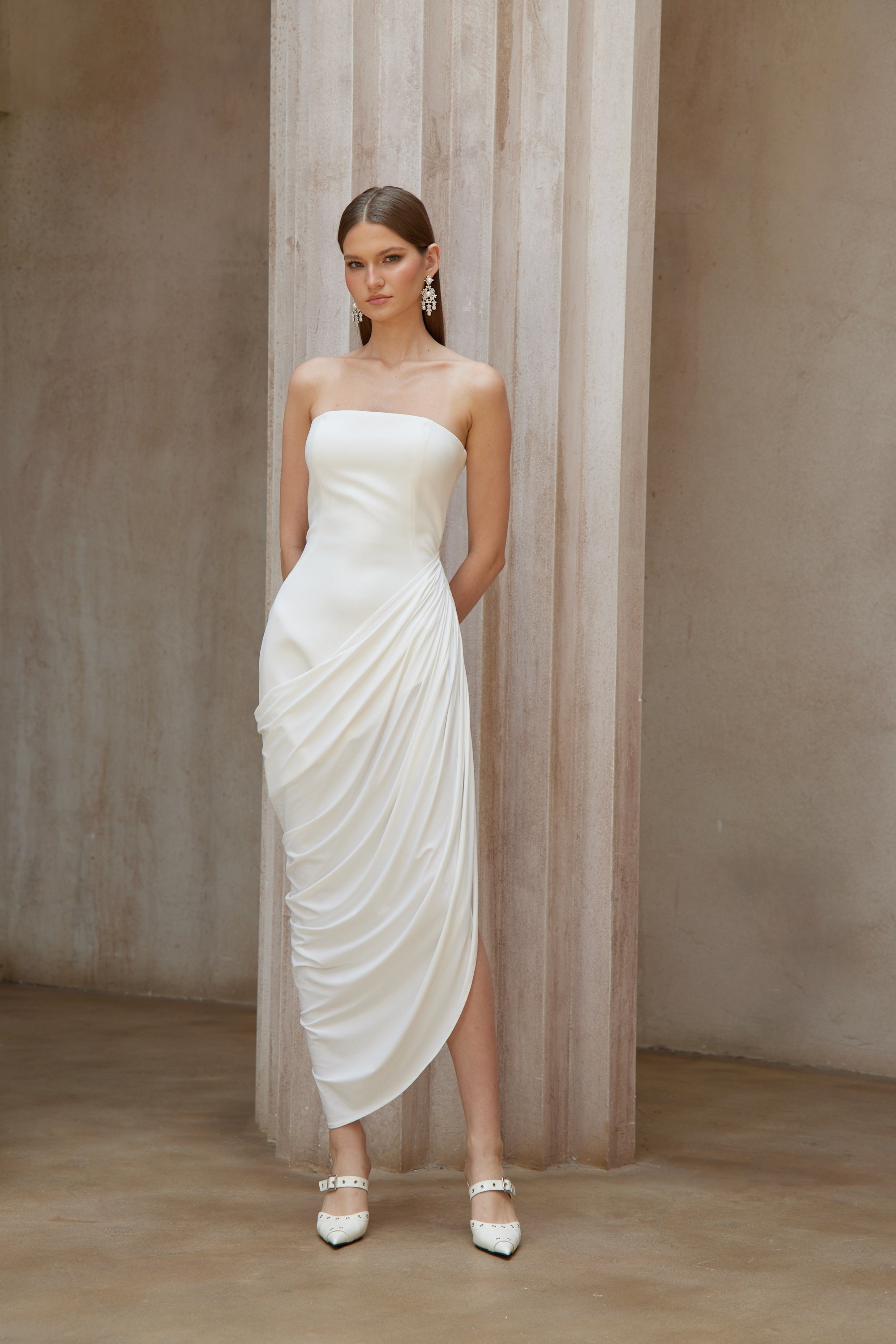 Wanda White Asymmetrical Ruched Midi Dress