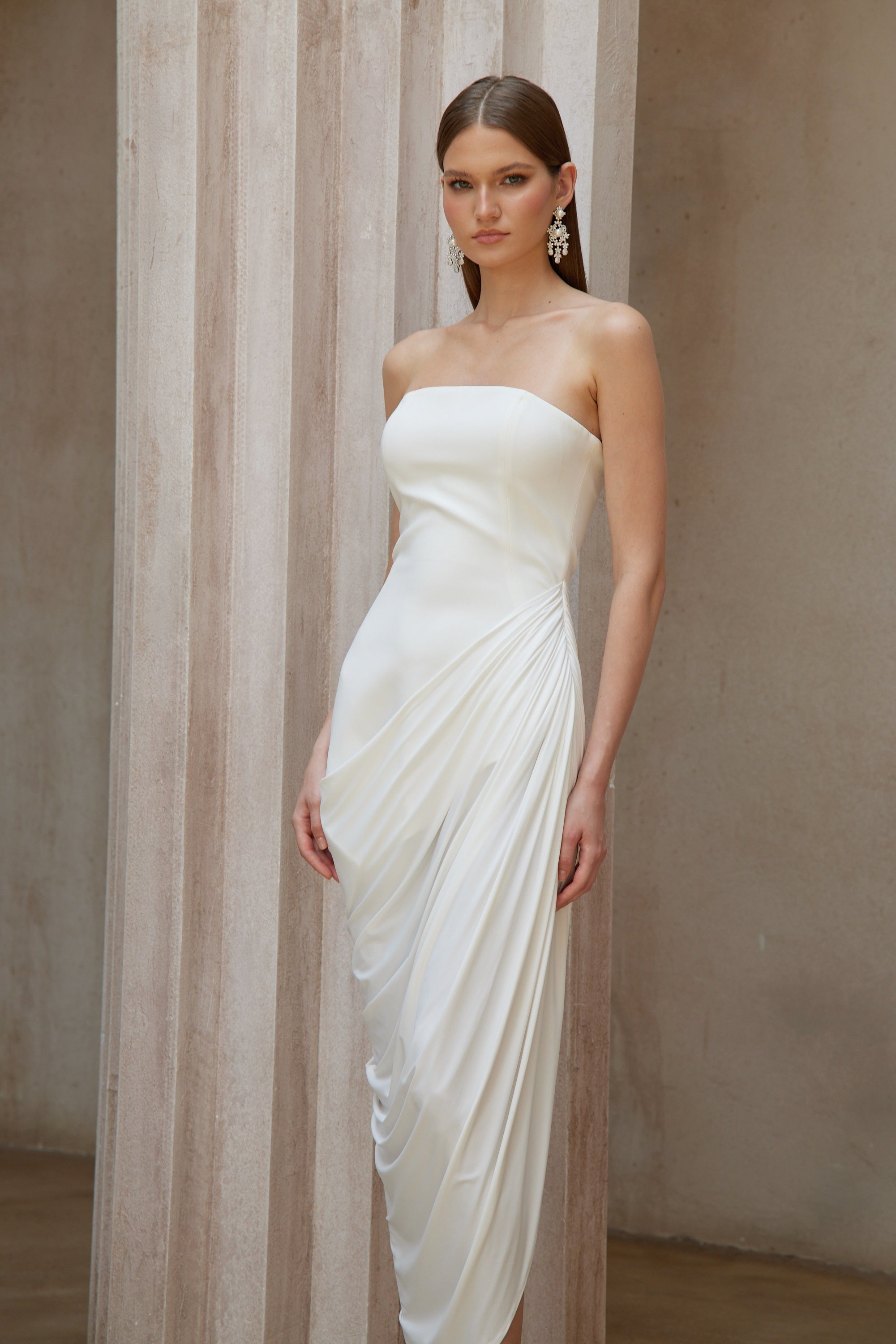 Wanda White Asymmetrical Ruched Midi Dress