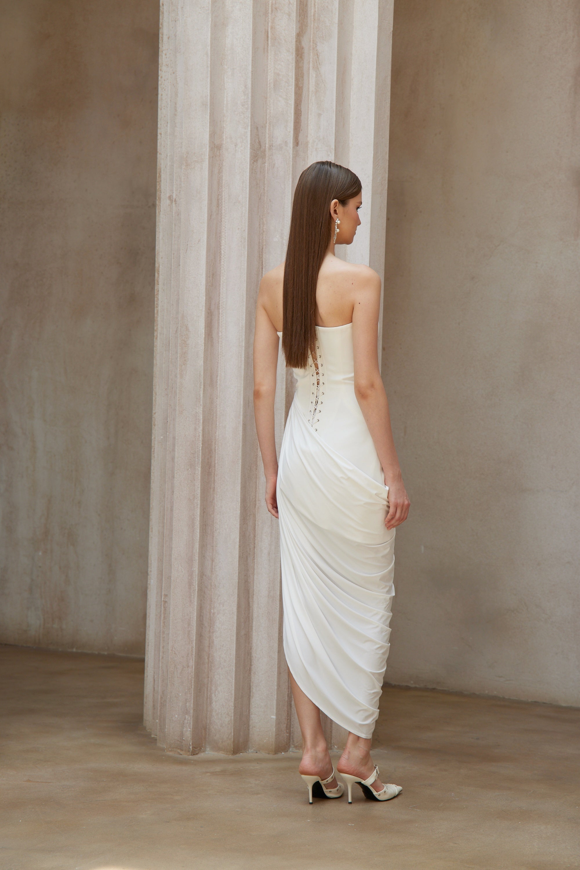 Wanda White Asymmetrical Ruched Midi Dress