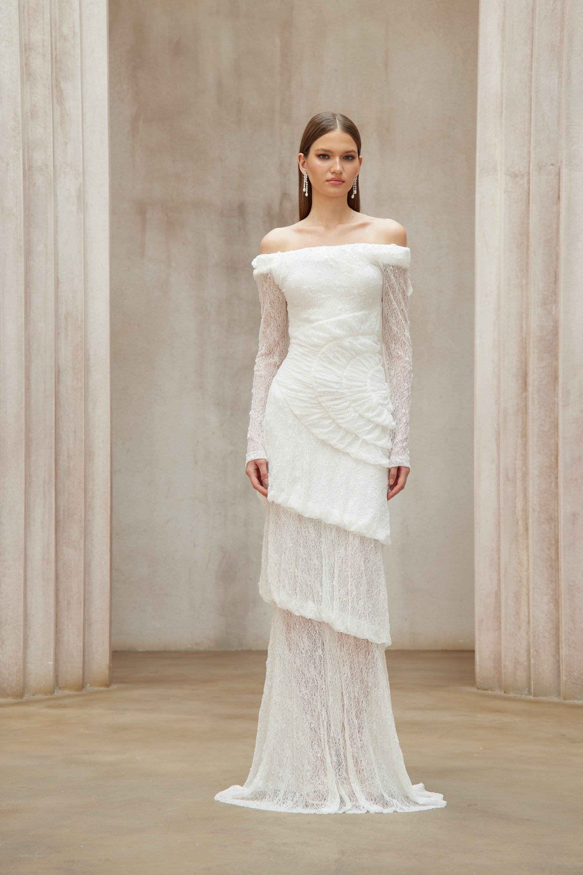 Étincelle White Ruched Lace Maxi Dress