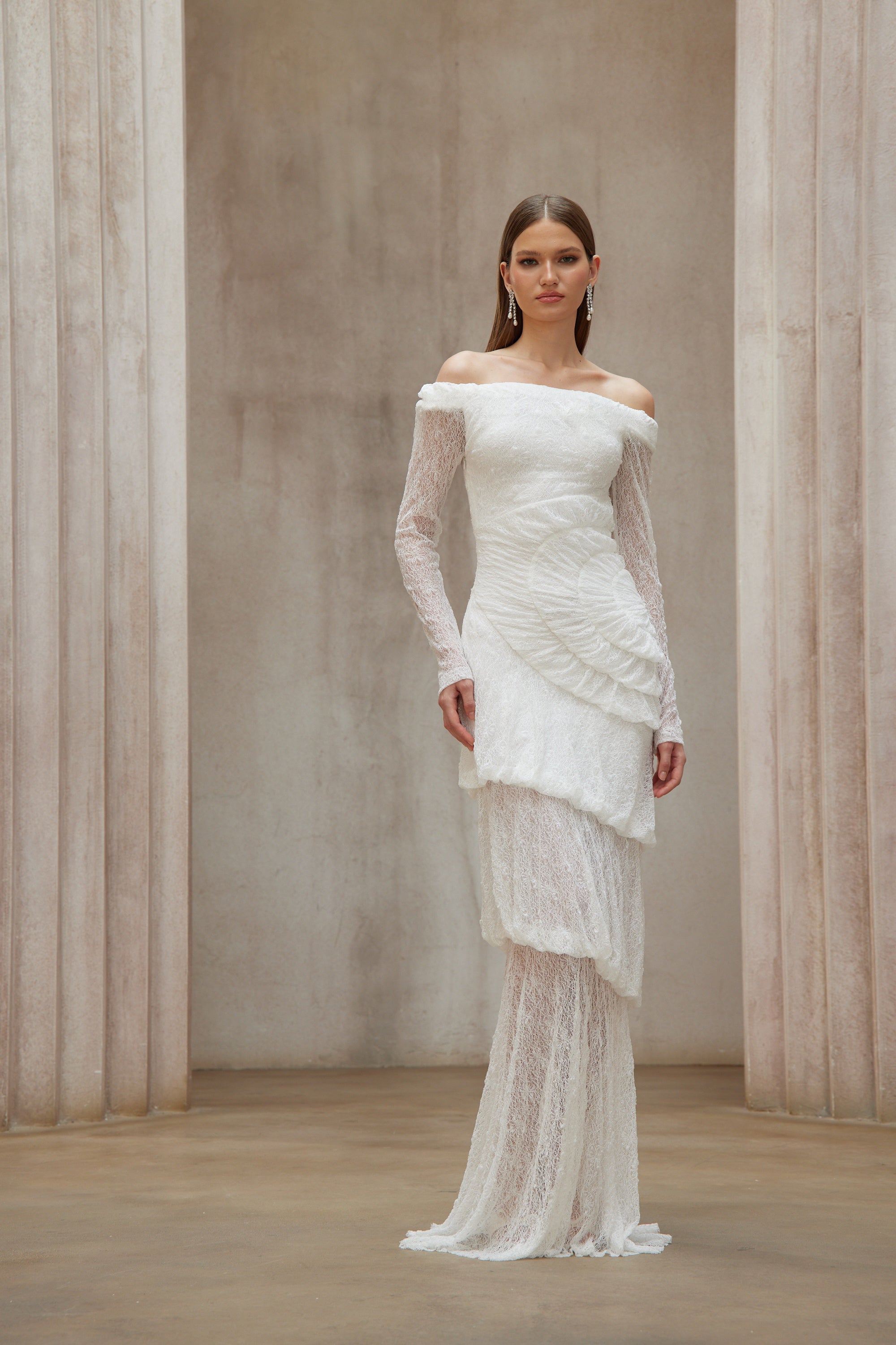 Étincelle White Ruched Lace Maxi Dress