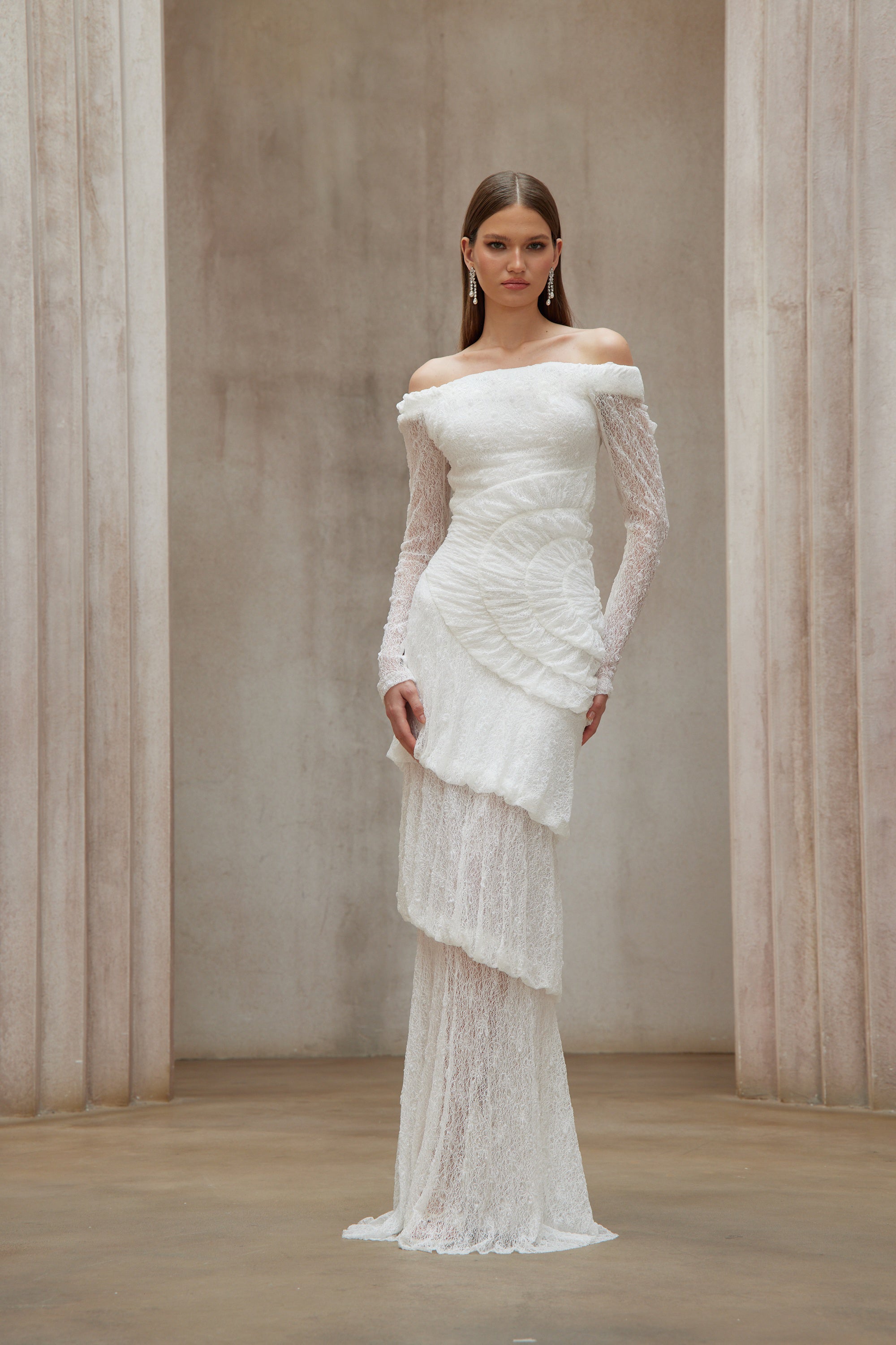 Étincelle White Ruched Lace Maxi Dress