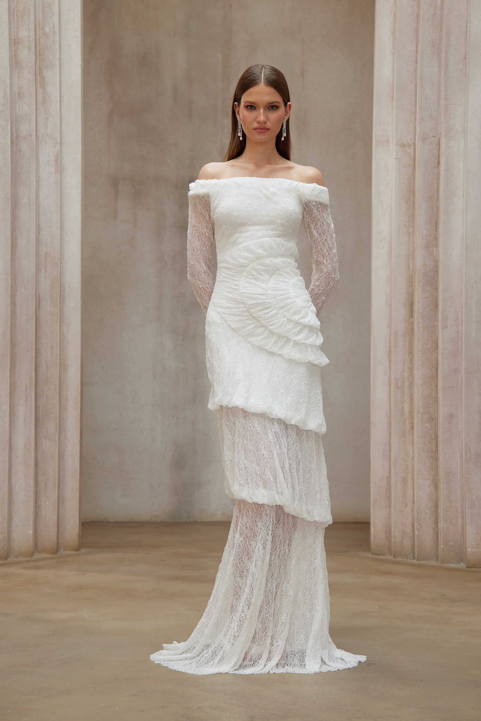 Étincelle White Ruched Lace Maxi Dress