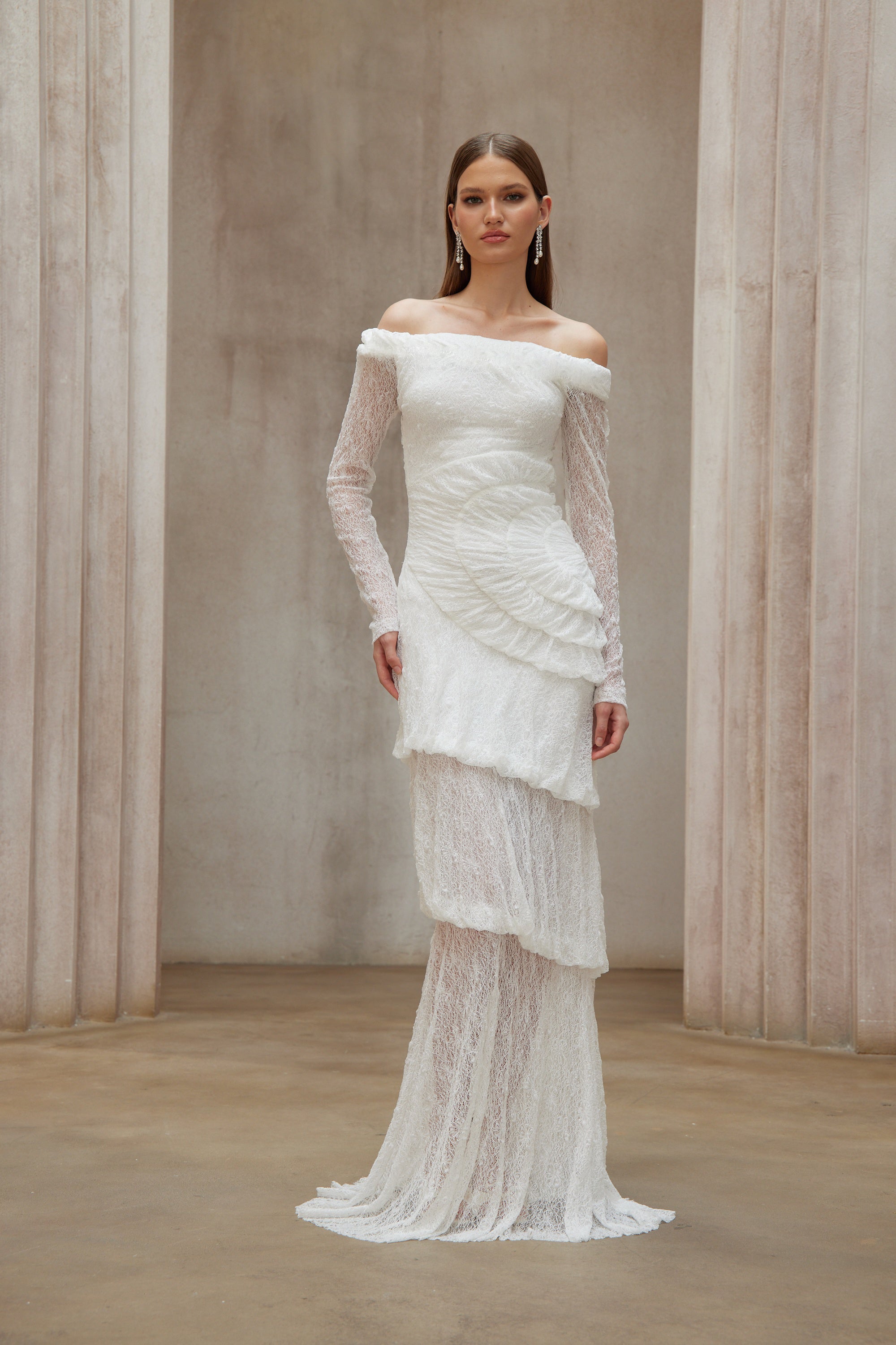 Étincelle White Ruched Lace Maxi Dress