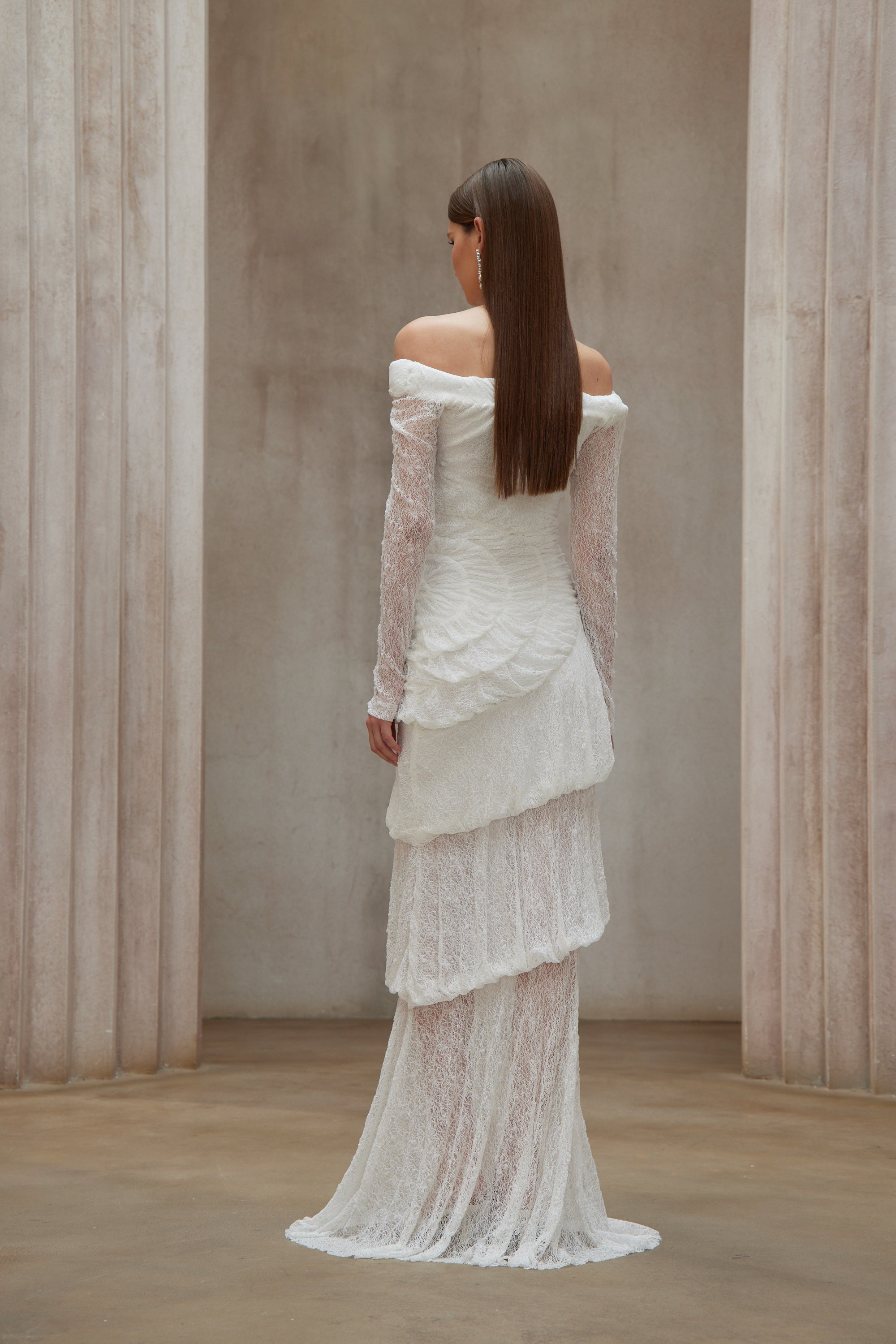 Étincelle White Ruched Lace Maxi Dress