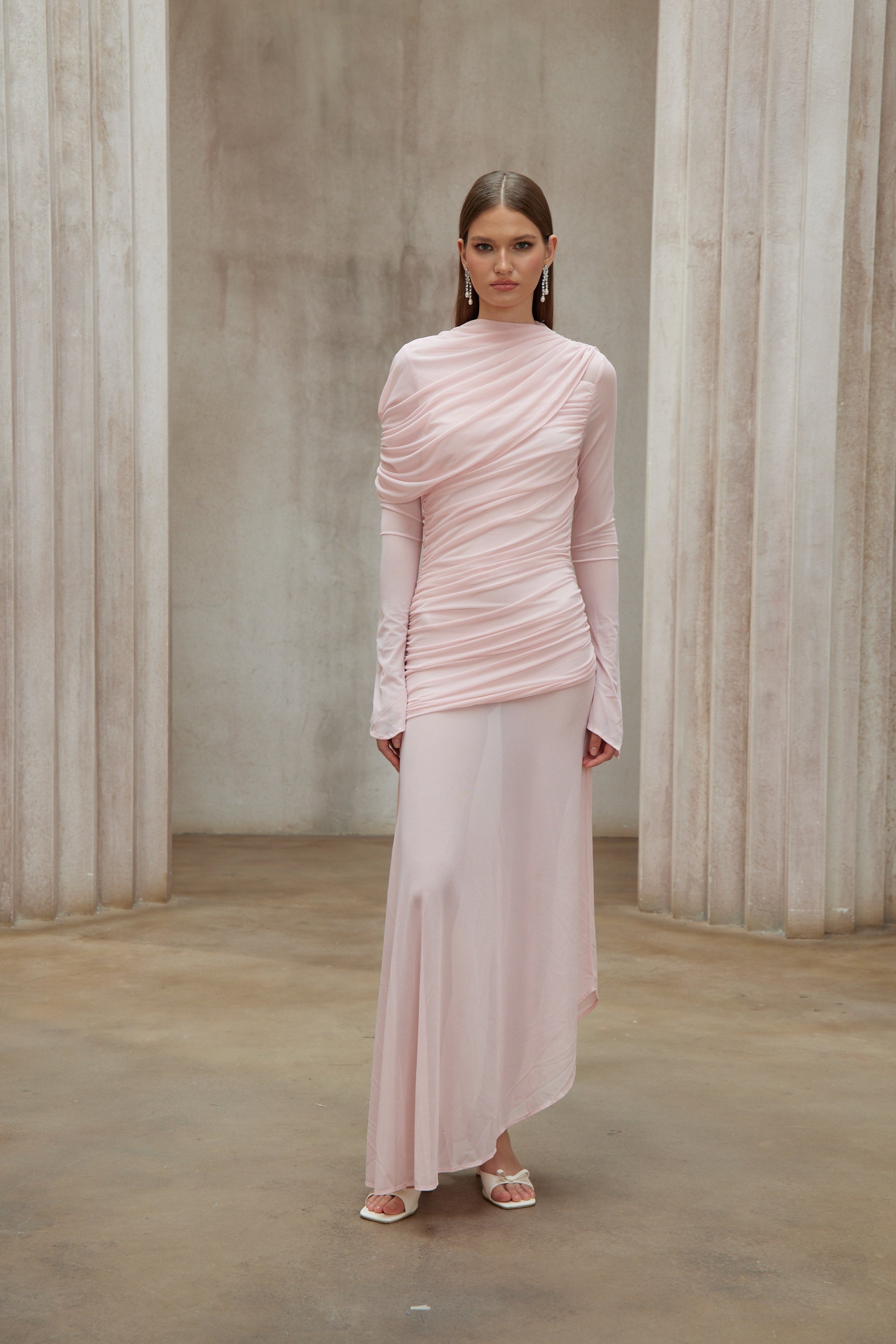 Garance Pink Asymmetrical Ruched Mesh Maxi Dress