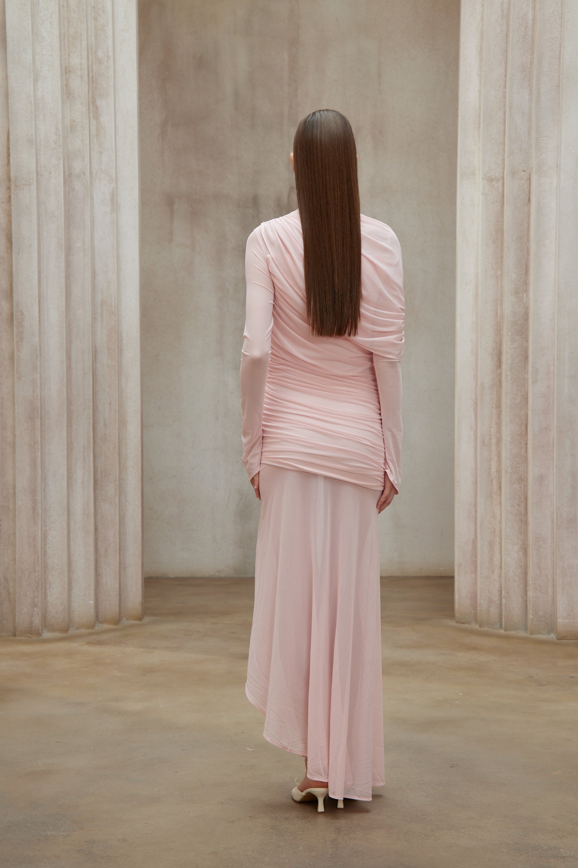 Garance Pink Asymmetrical Ruched Mesh Maxi Dress