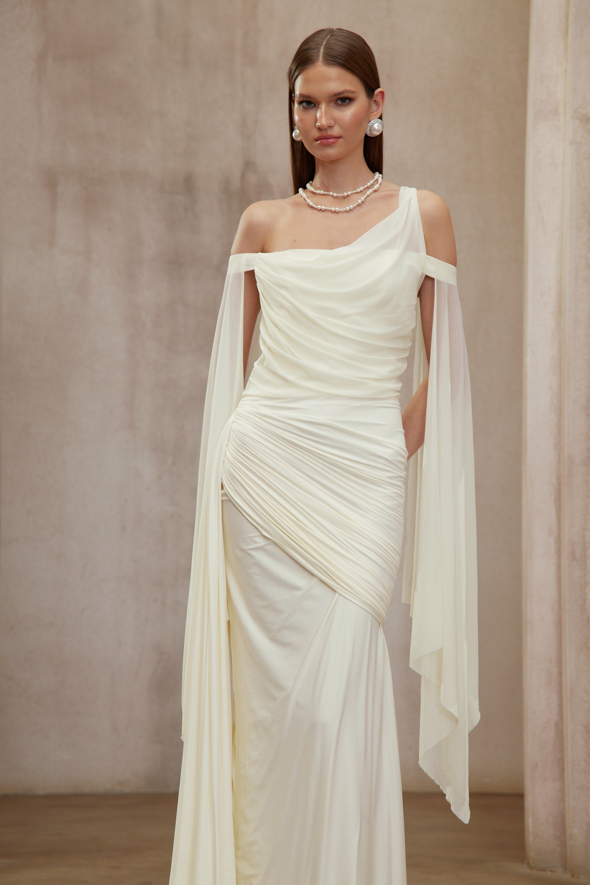 Aurianne White Asymmetrical Draped Maxi Dress