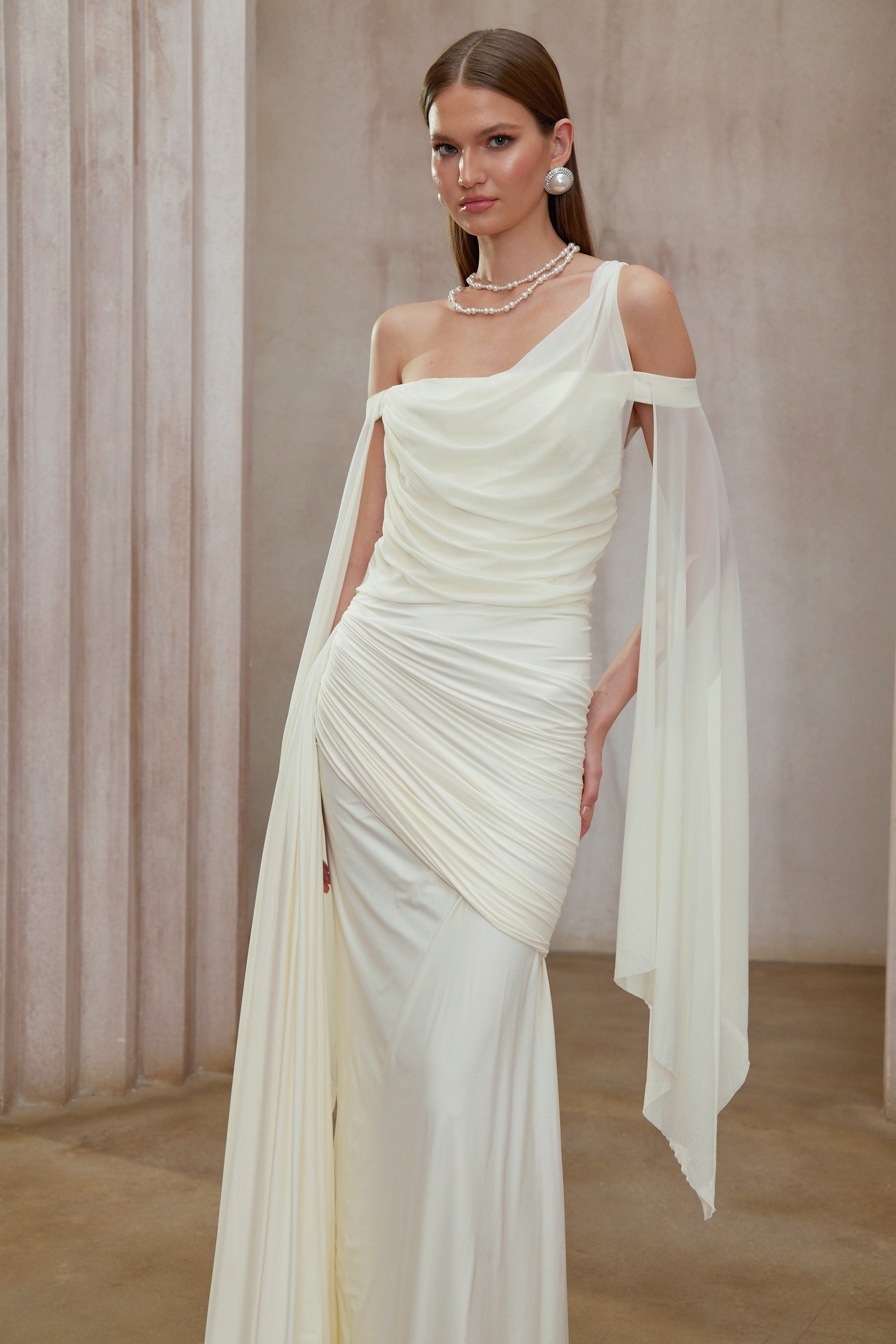 Aurianne White Asymmetrical Draped Maxi Dress