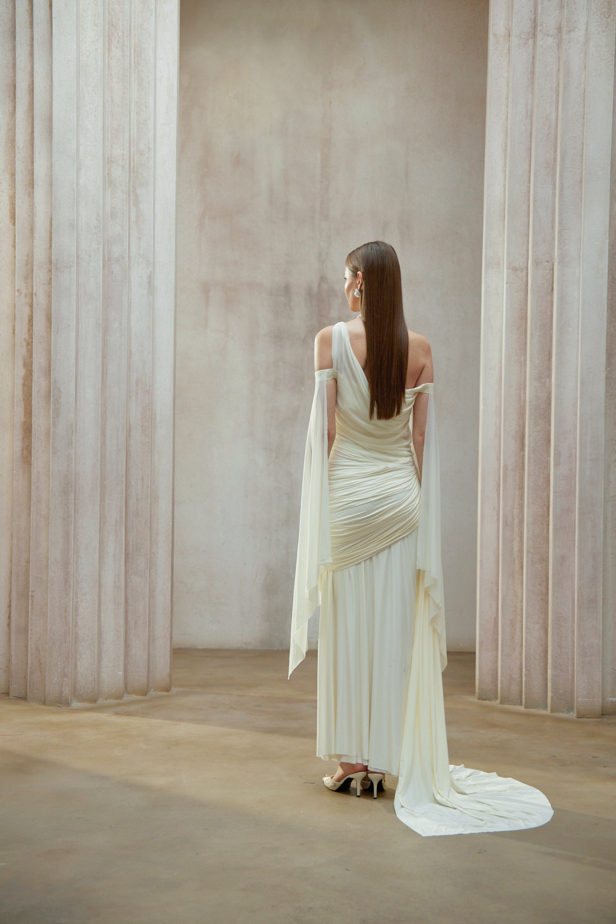 Aurianne White Asymmetrical Draped Maxi Dress
