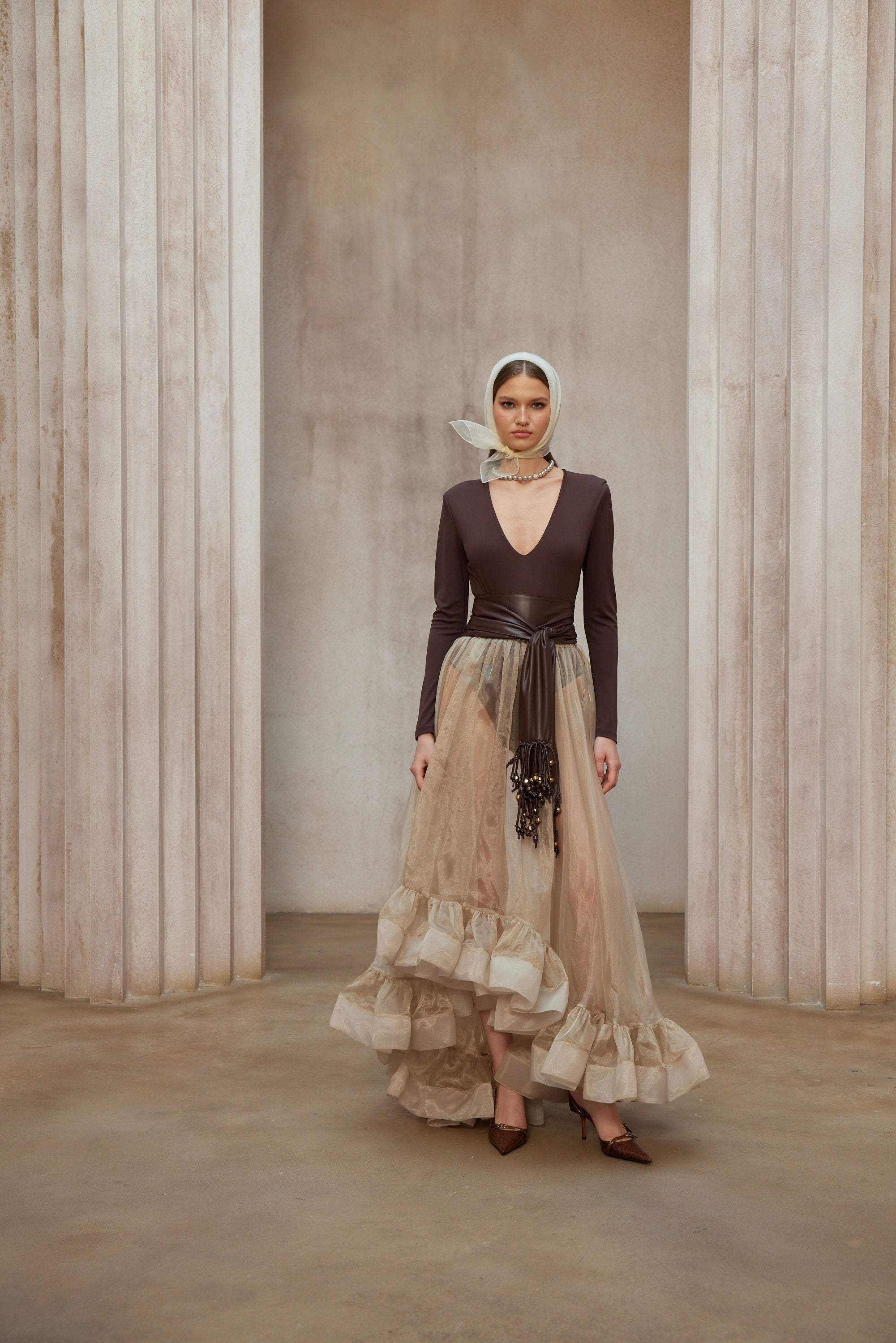 Paula Brown Bodysuit & Neutral Organza Skirt Set (Without Belt)