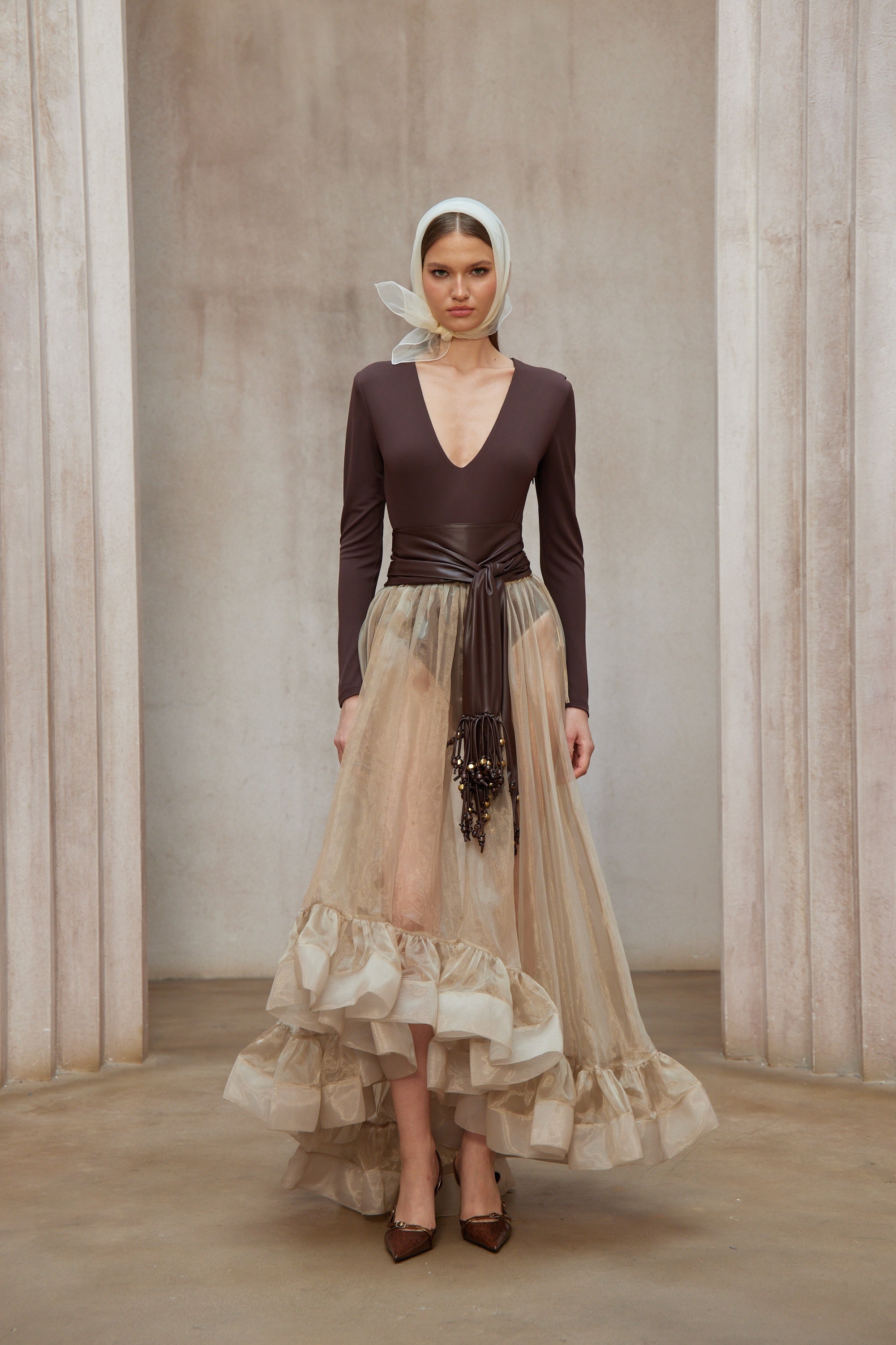 Paula Brown Bodysuit & Neutral Organza Skirt Set (Without Belt)