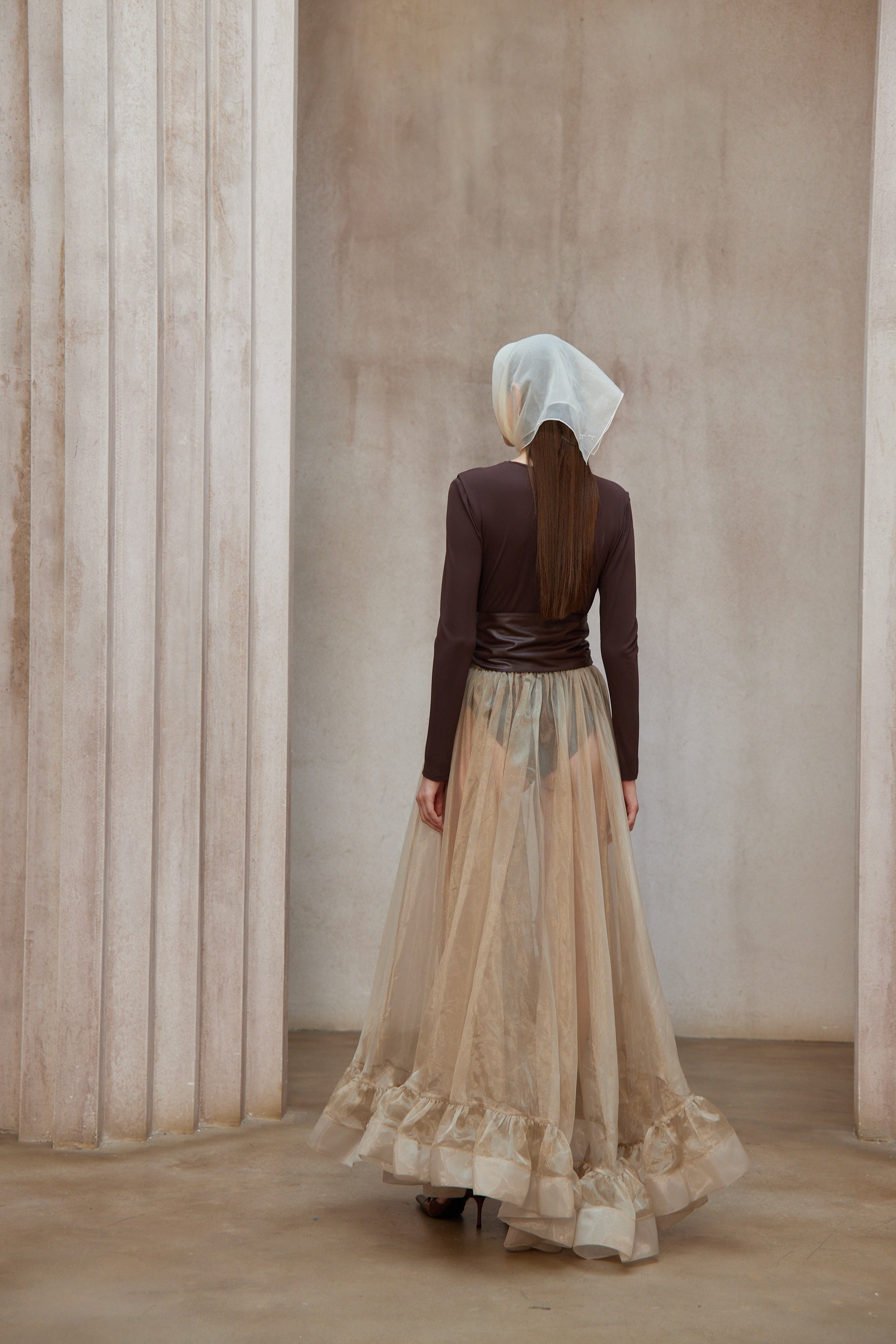 Paula Brown Bodysuit & Neutral Organza Skirt Set (Without Belt)