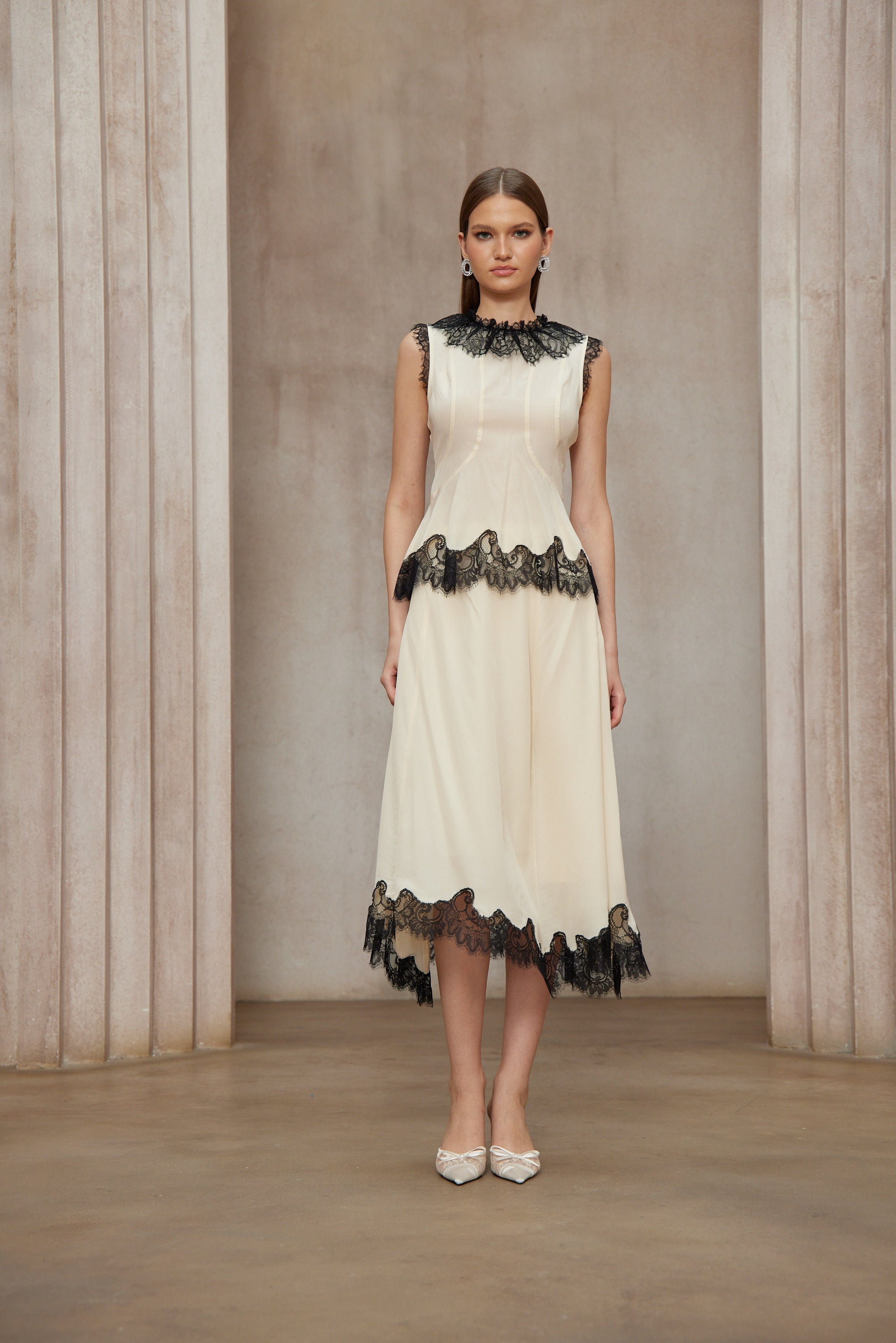 Zsófia Neutral Lace Panel Chiffon Top & Skirt Matching Set