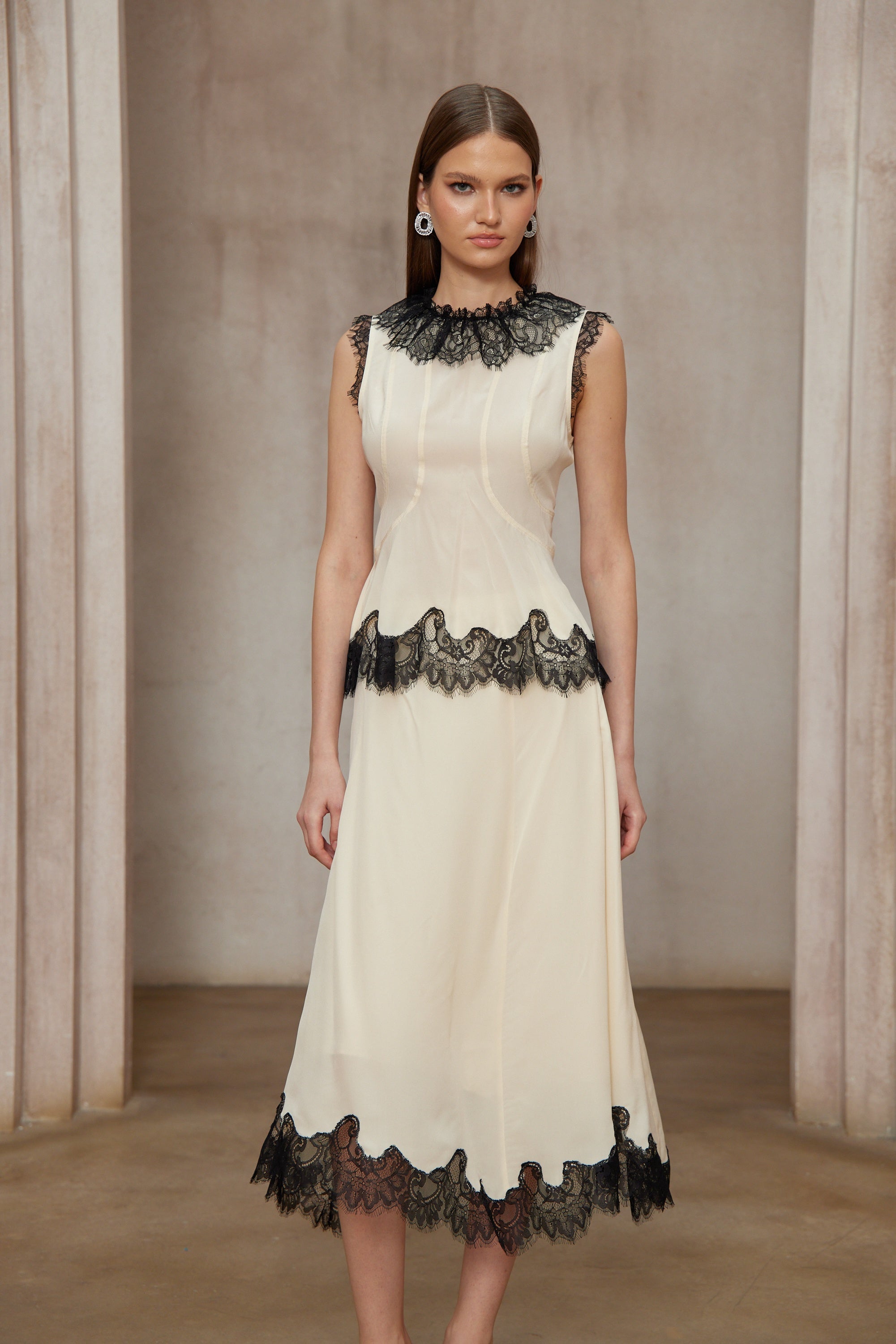 Zsófia Neutral Lace Panel Chiffon Top & Skirt Matching Set