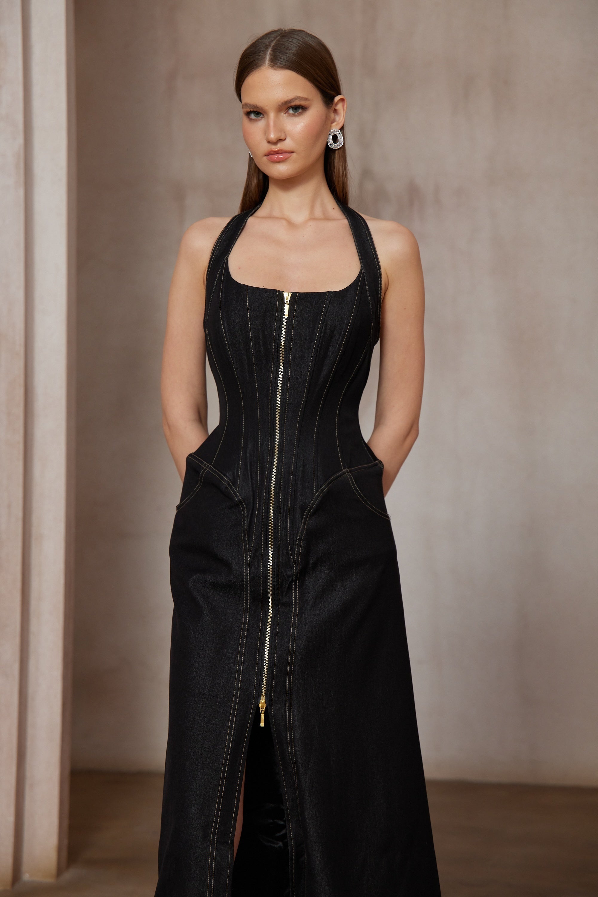 Adrienne black denim front-slit contrast-stitching maxi dress