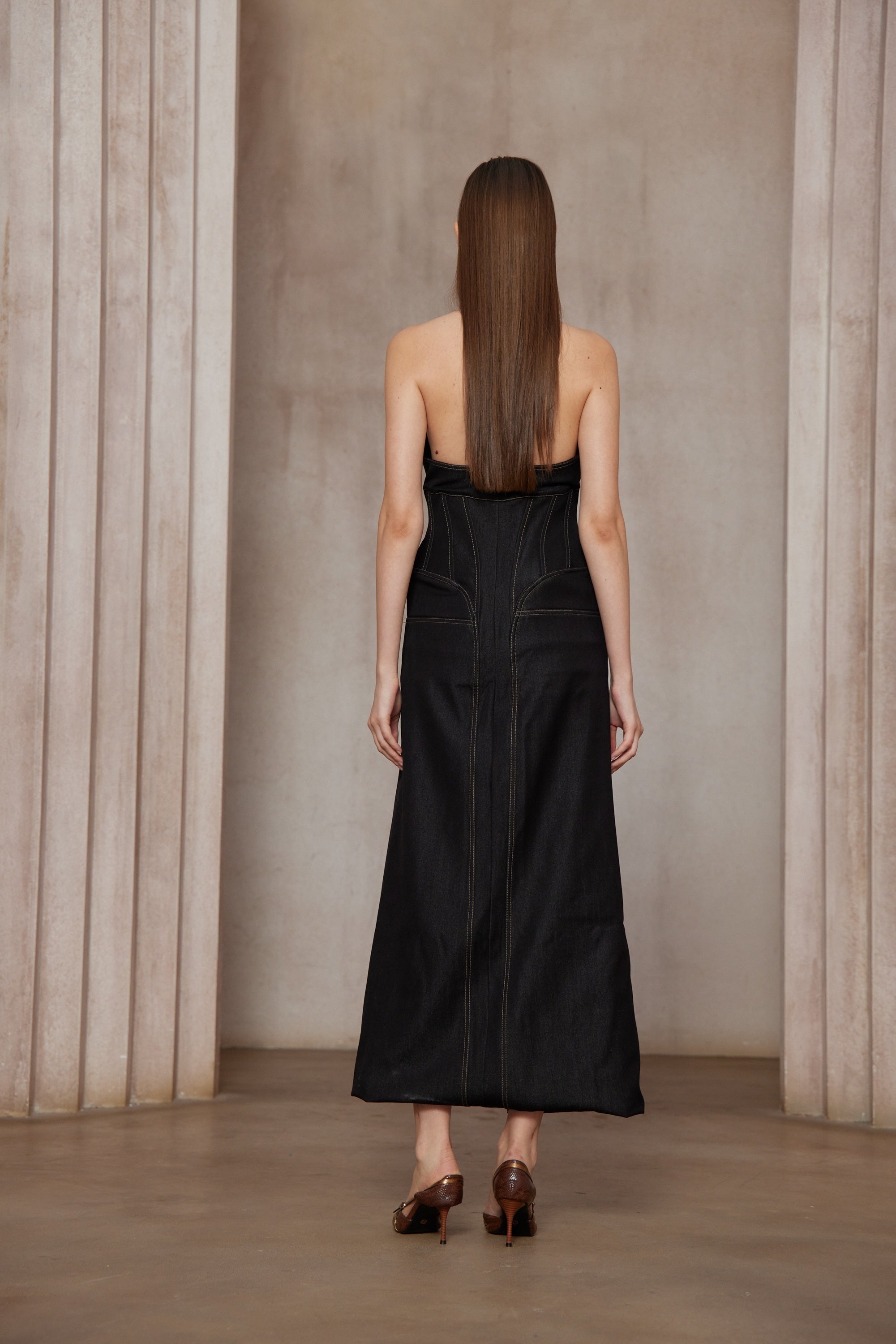 Adrienne black denim front-slit contrast-stitching maxi dress