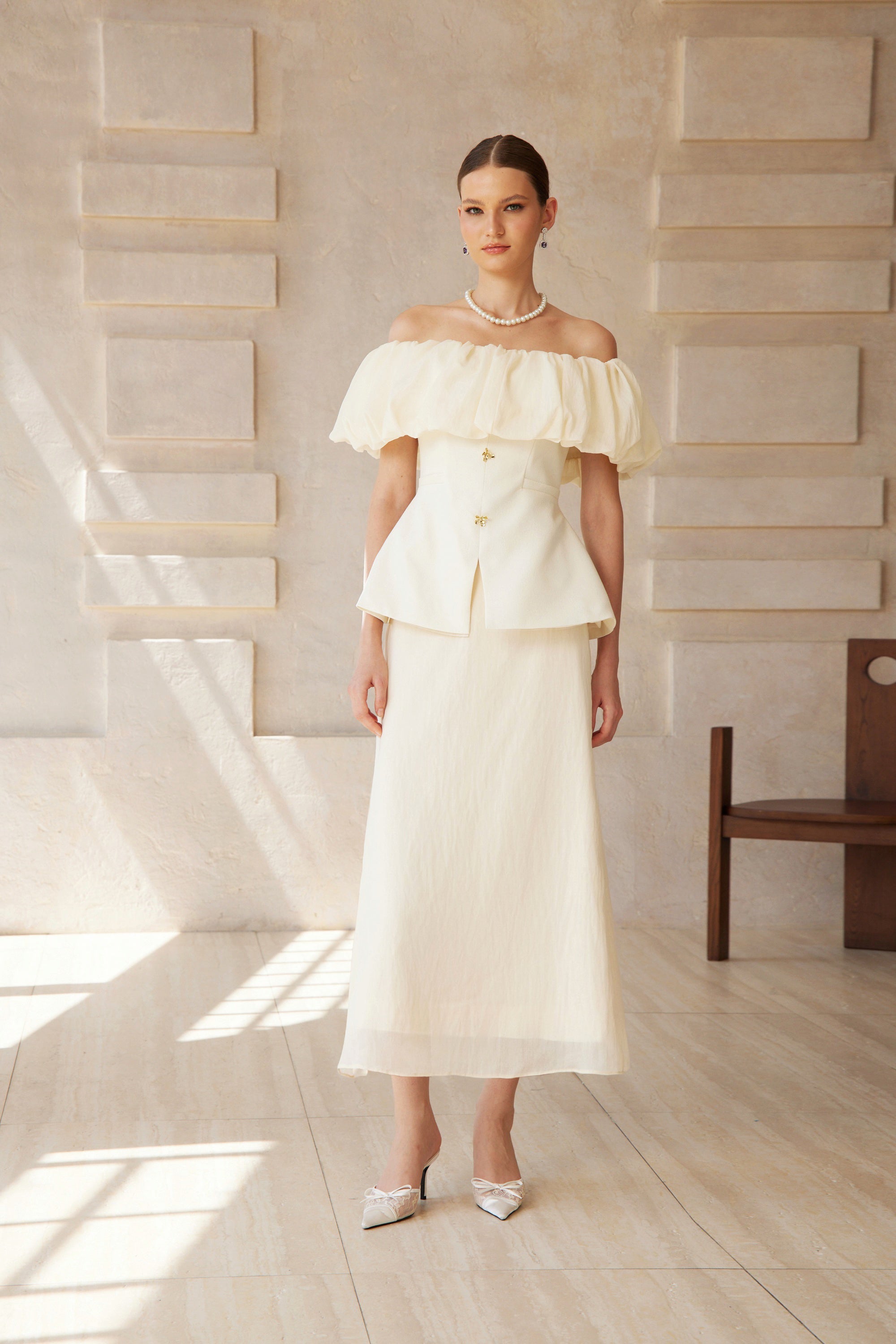 Dianthe White Off Shoulder Shirred Top & Skirt Set