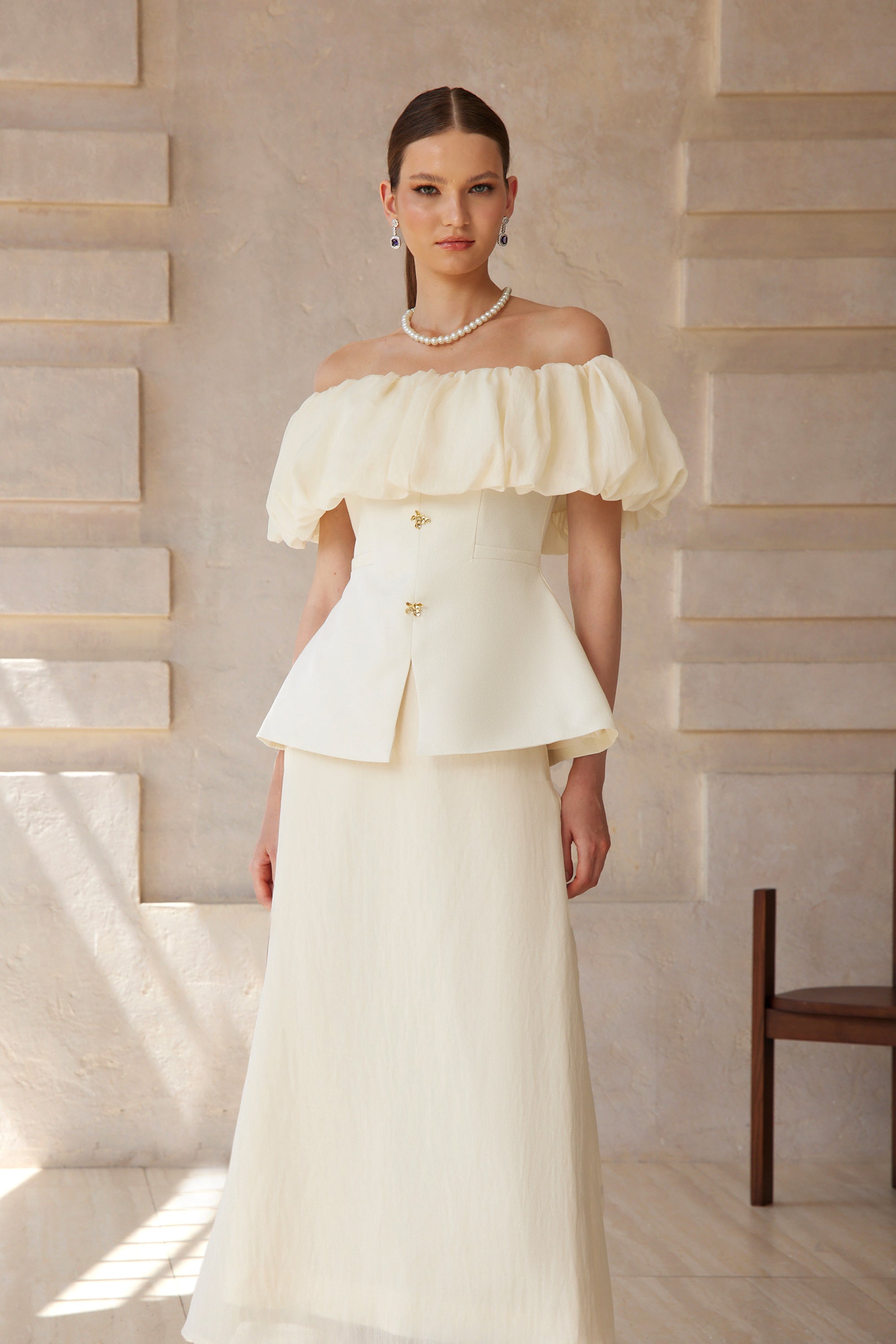 Dianthe White Off Shoulder Shirred Top & Skirt Set