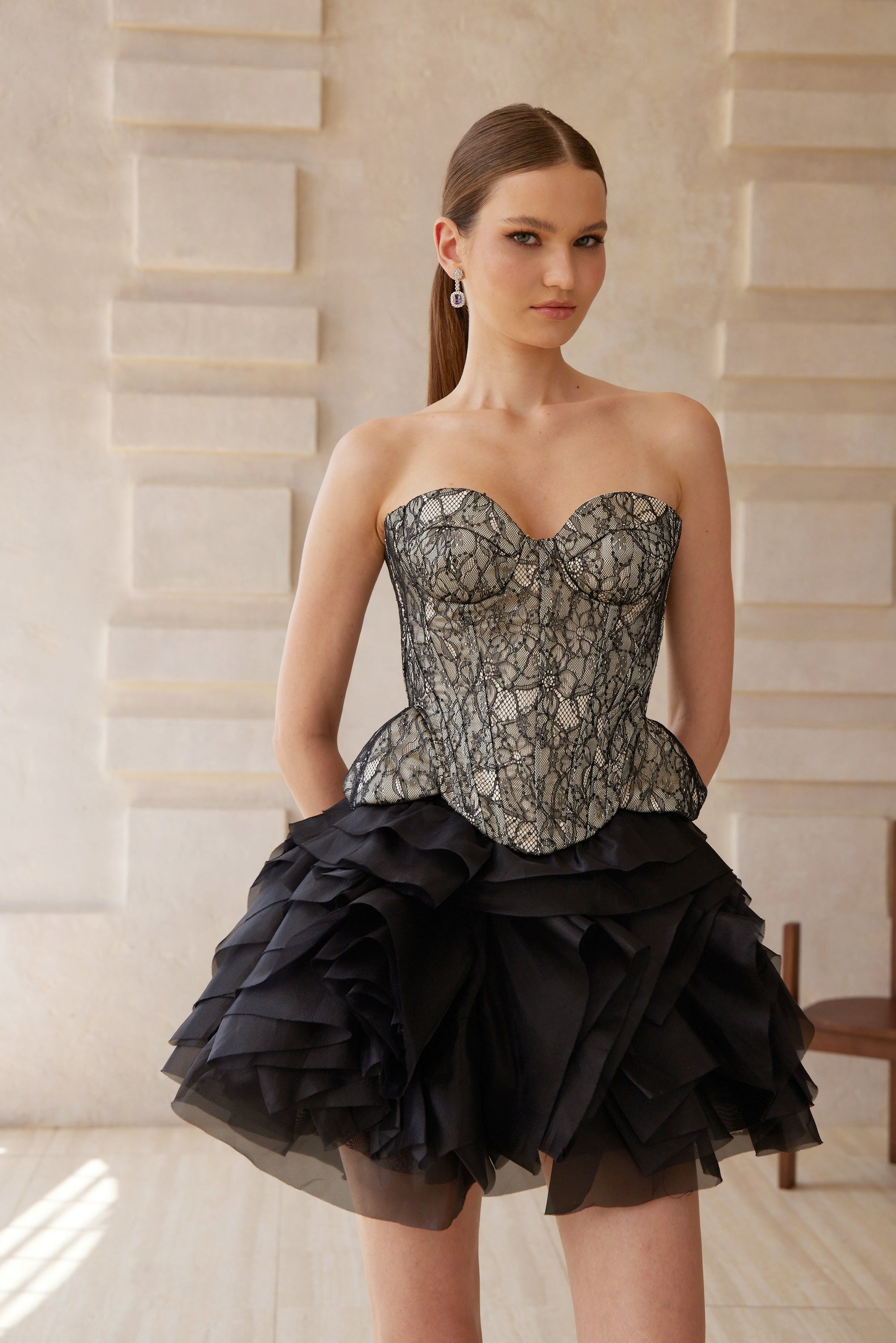 Lyra Black Lace Top & Tiered Skirt Set