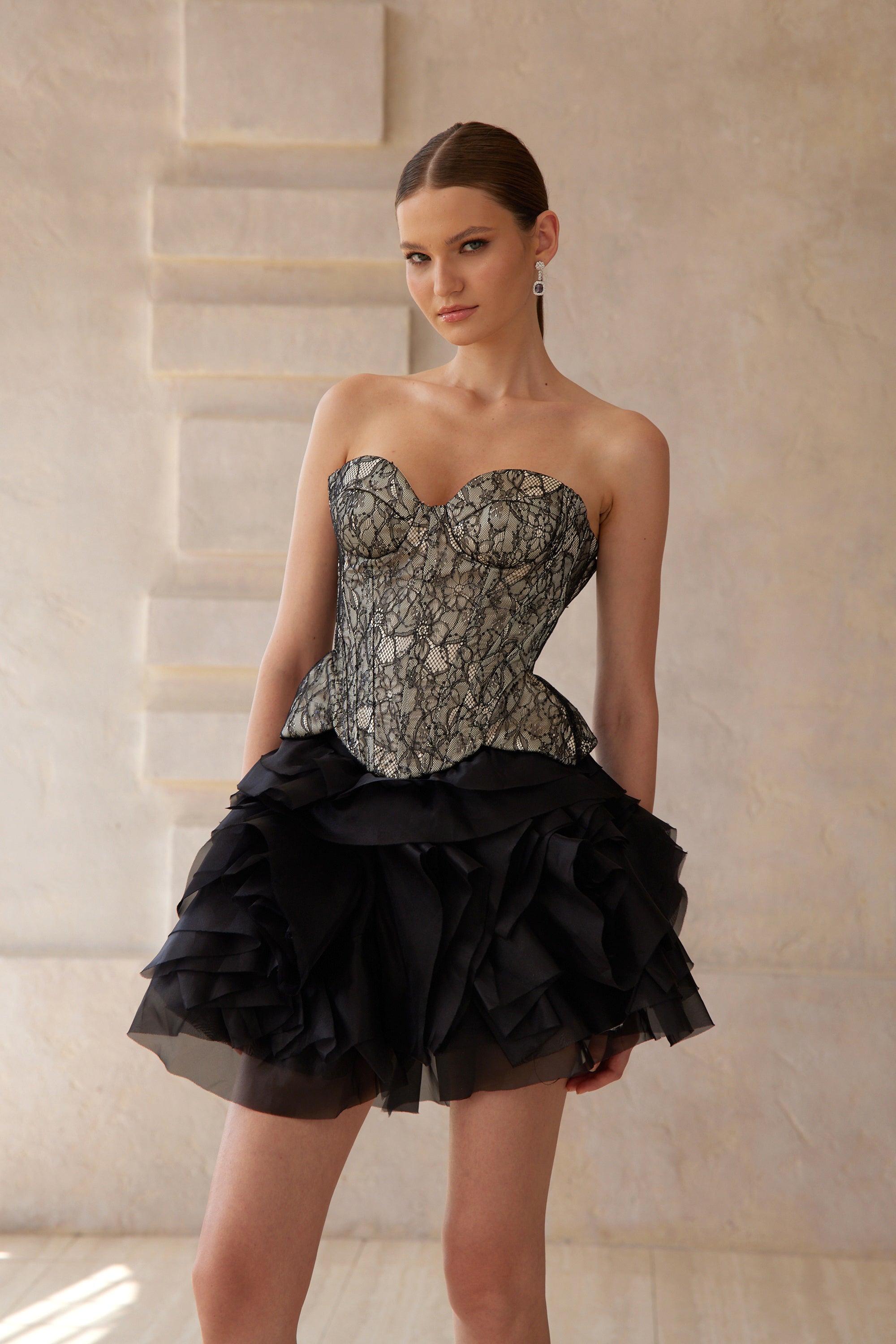 Lyra Black Lace Top & Tiered Skirt Set