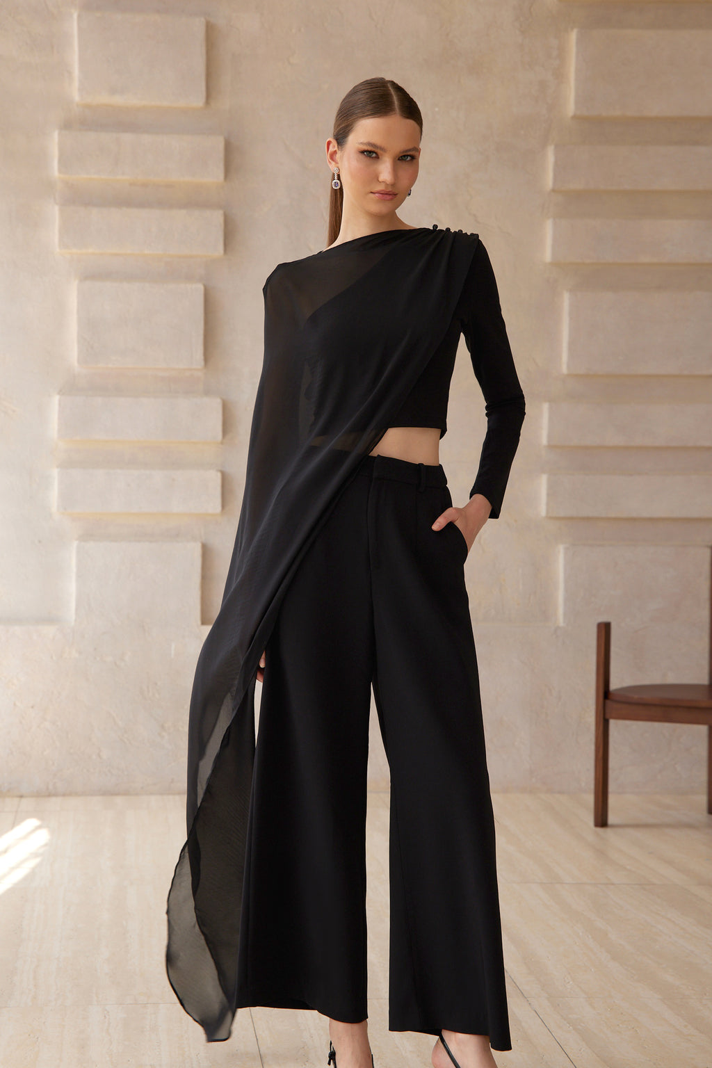 Eugénie Black Asymmetrical Design Blouse & Trousers Set