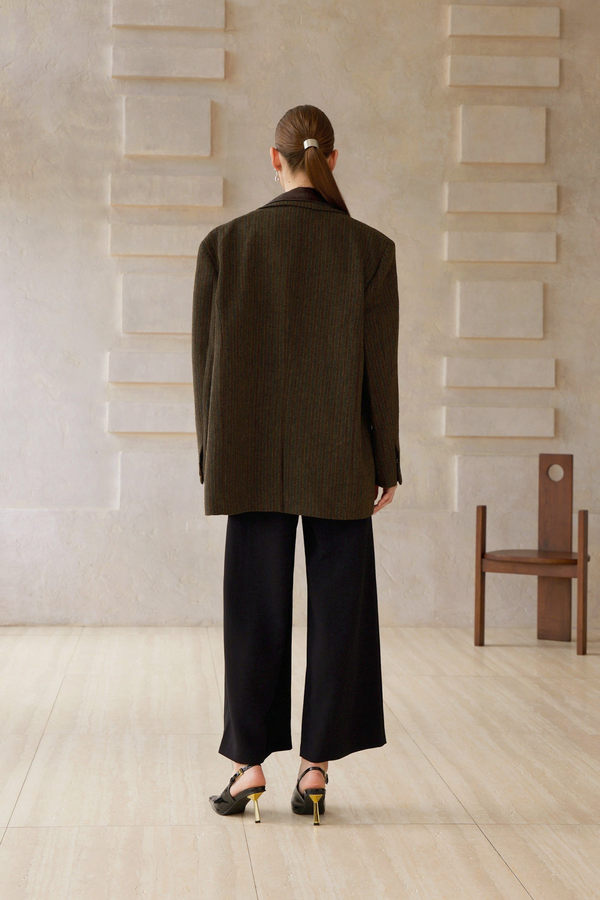 Amber Brown Leather Panel Herringbone Tweed Blazer