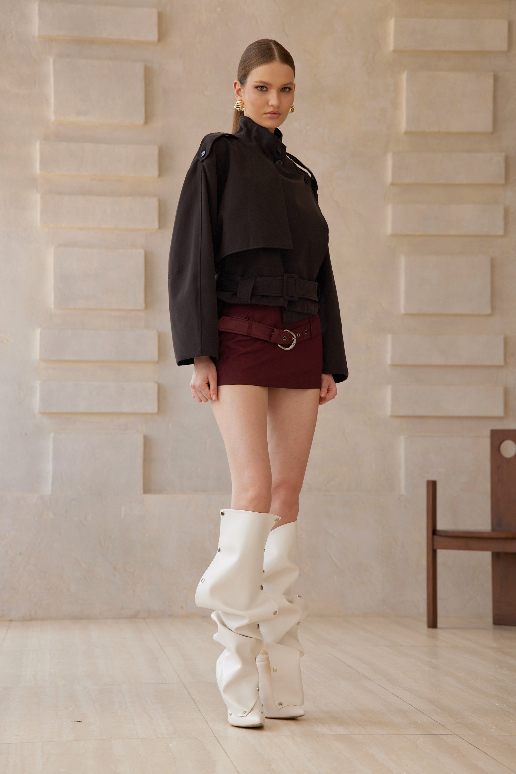 Tiphaine Black Asymmetrical Belted Short Trench Coat