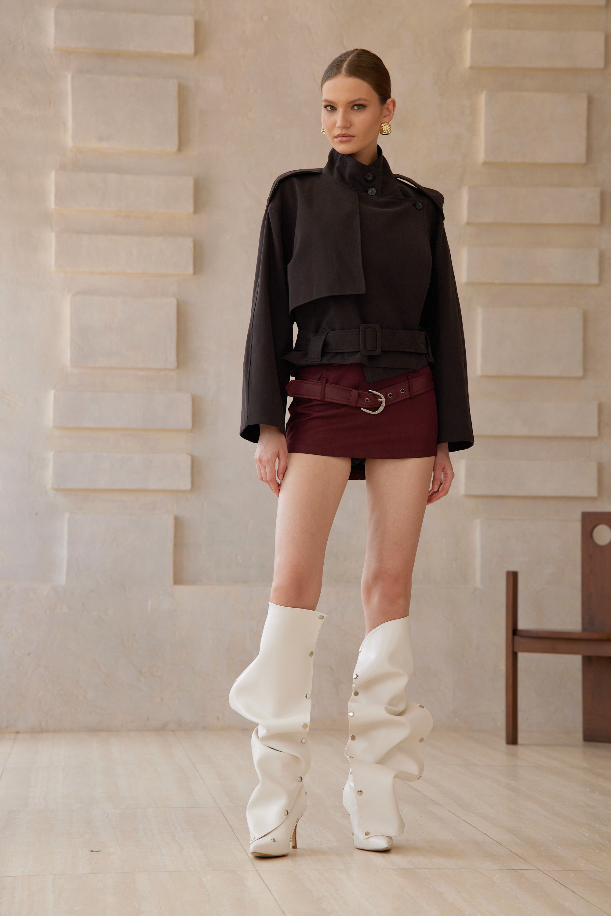 Tiphaine Black Asymmetrical Belted Short Trench Coat