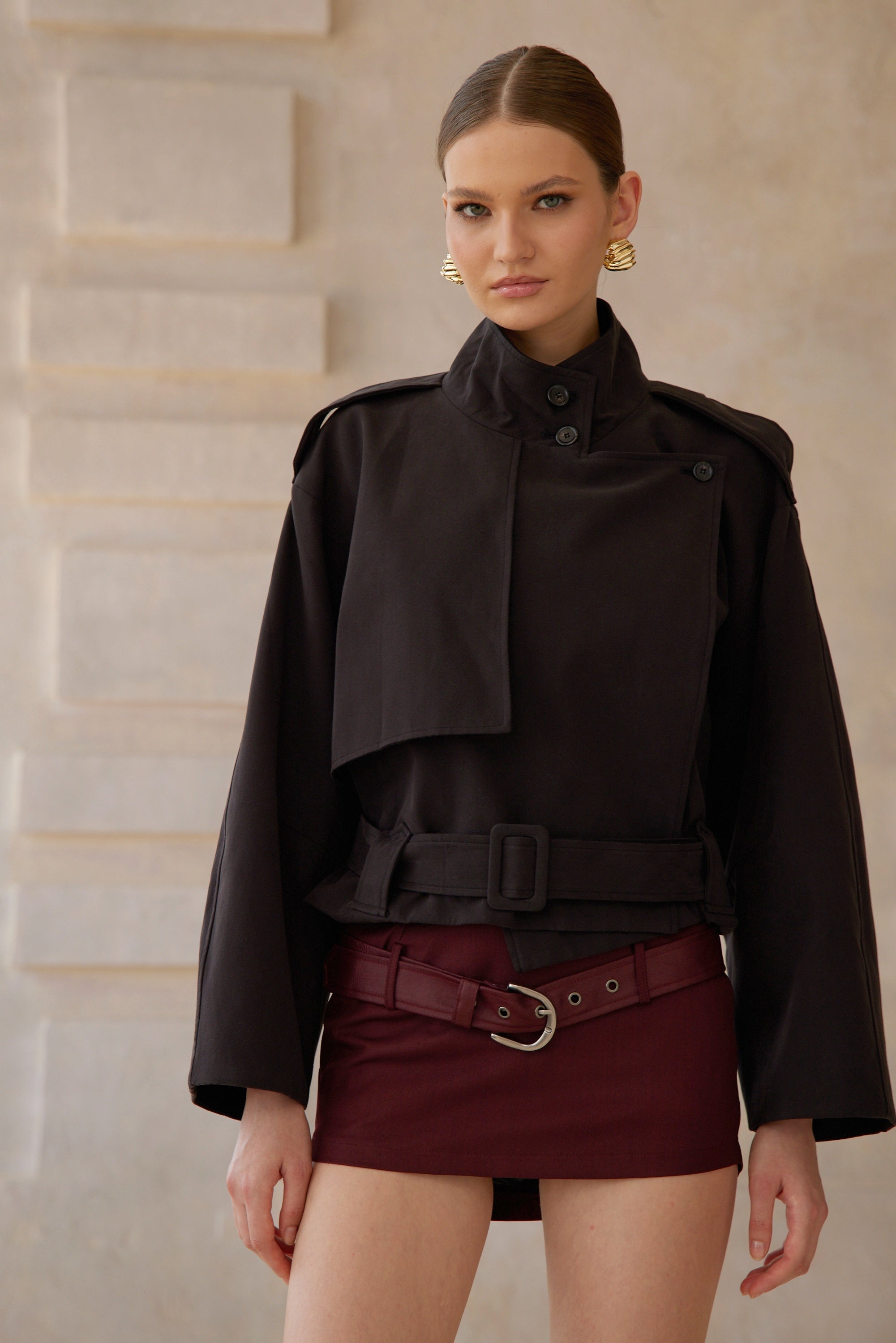 Tiphaine Black Asymmetrical Belted Short Trench Coat