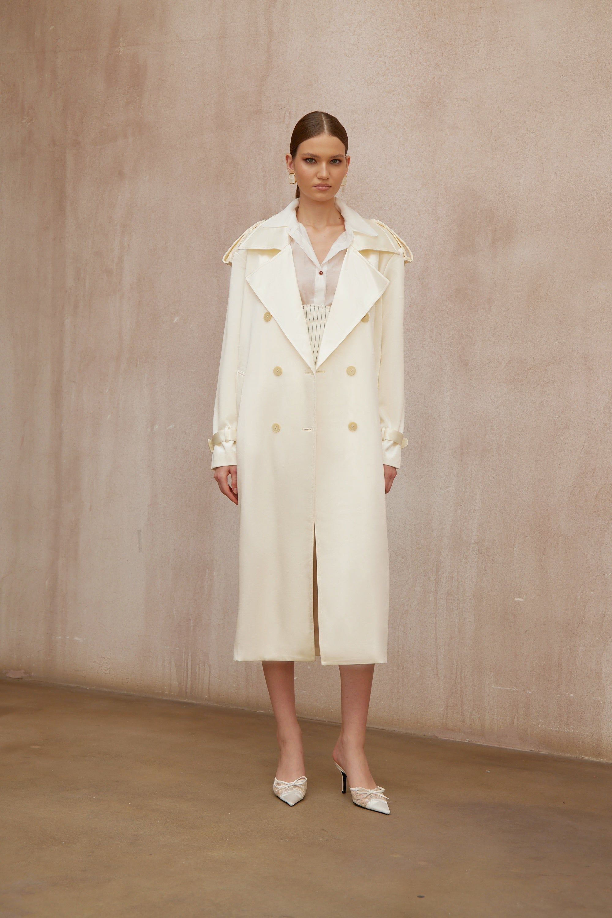 Amélie Cream White Satin Long Trench Coat