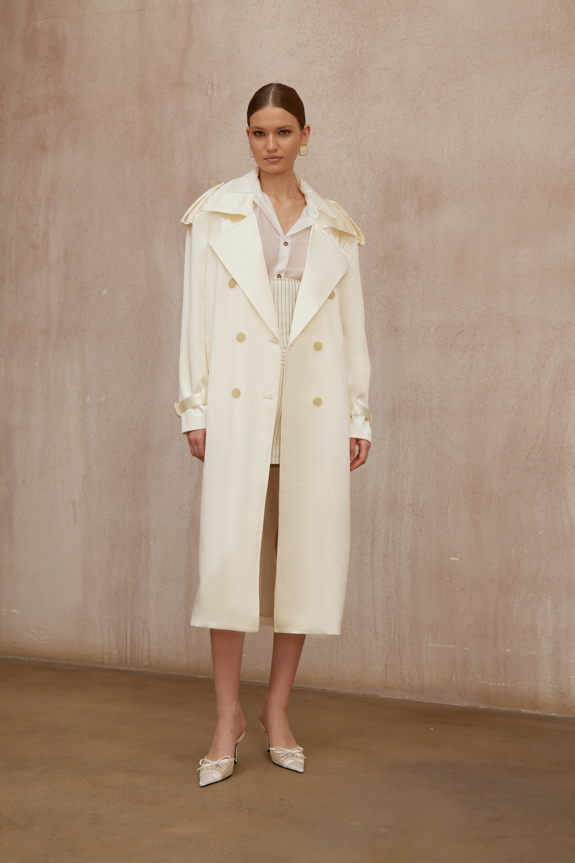 Amélie Cream White Satin Long Trench Coat