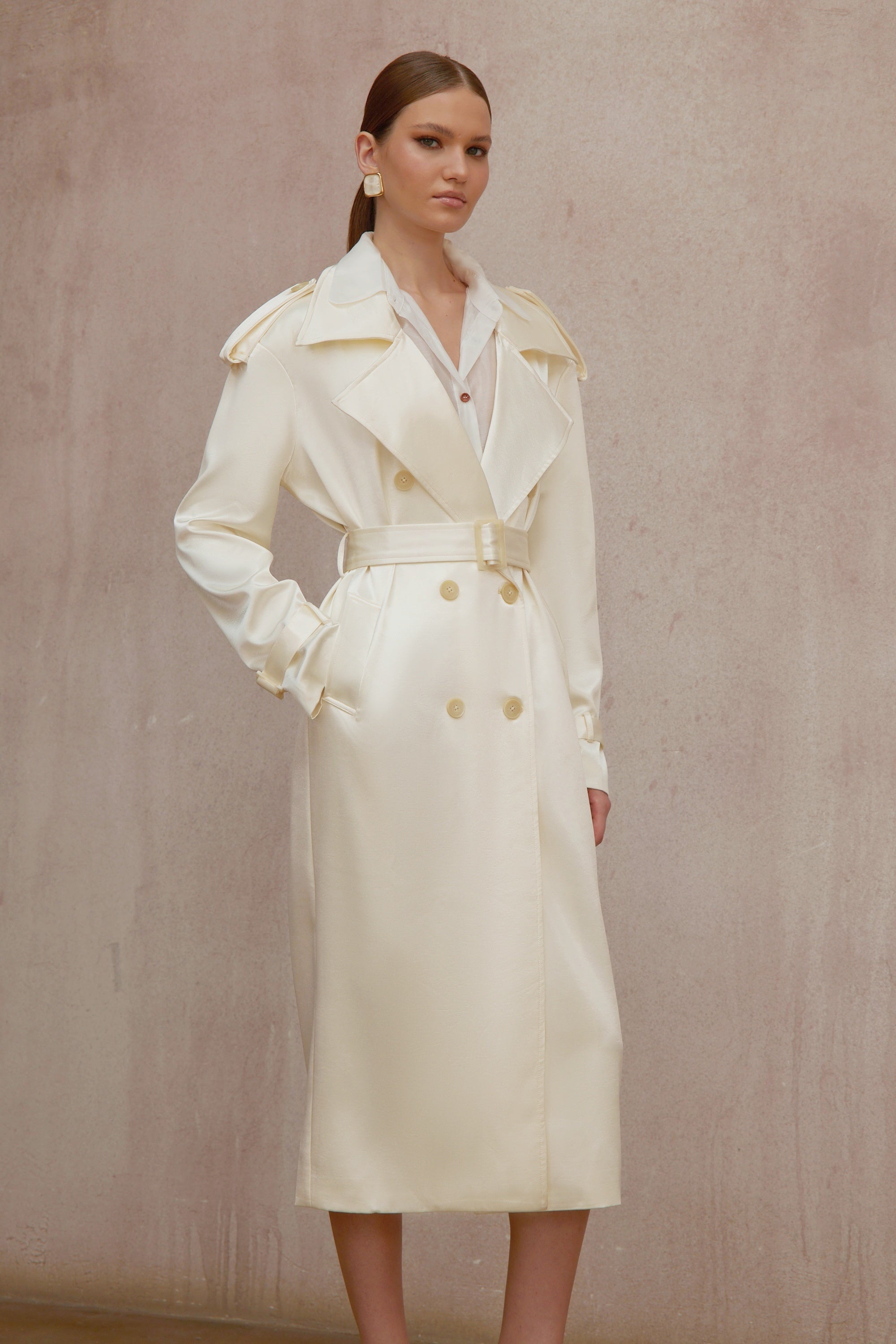 Amélie Cream White Satin Long Trench Coat