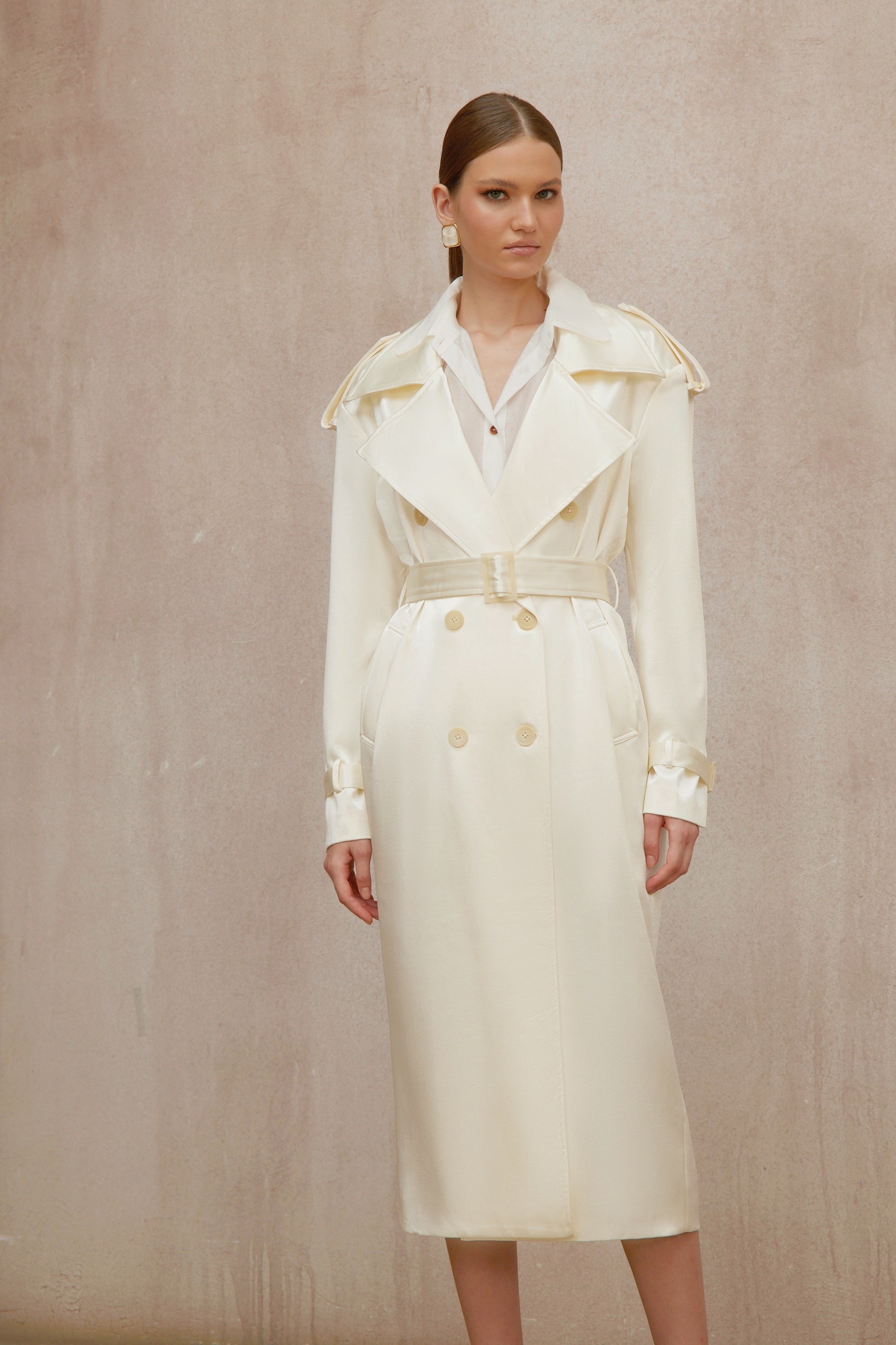 Amélie Cream White Satin Long Trench Coat