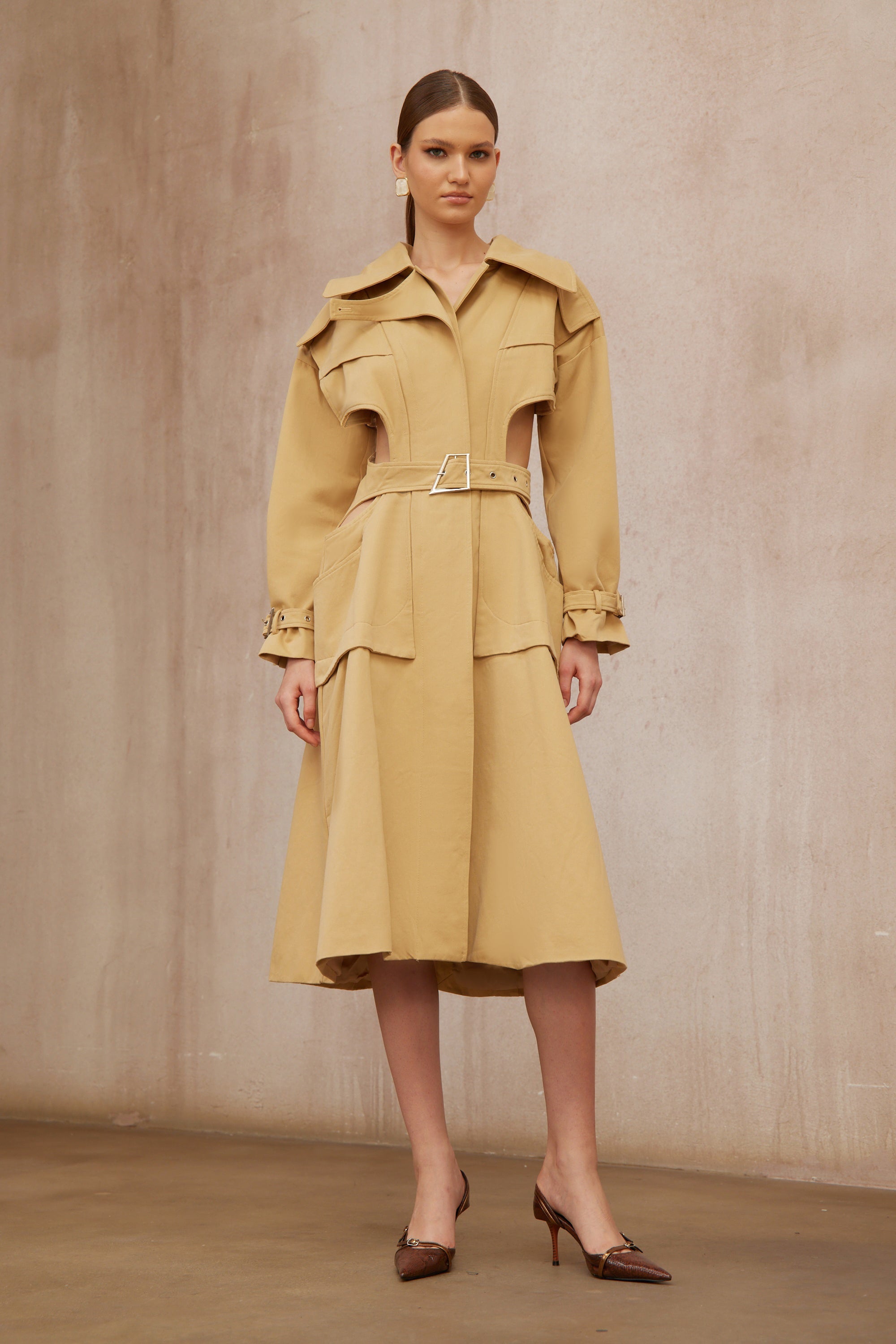 Pilar Neutral Cut Out Belted Long Trench Coat