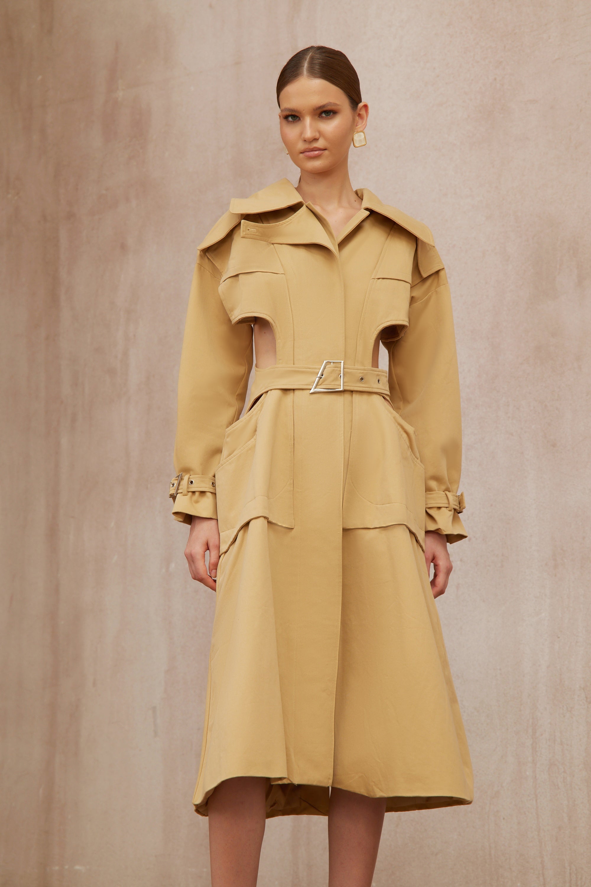 Pilar Neutral Cut Out Belted Long Trench Coat
