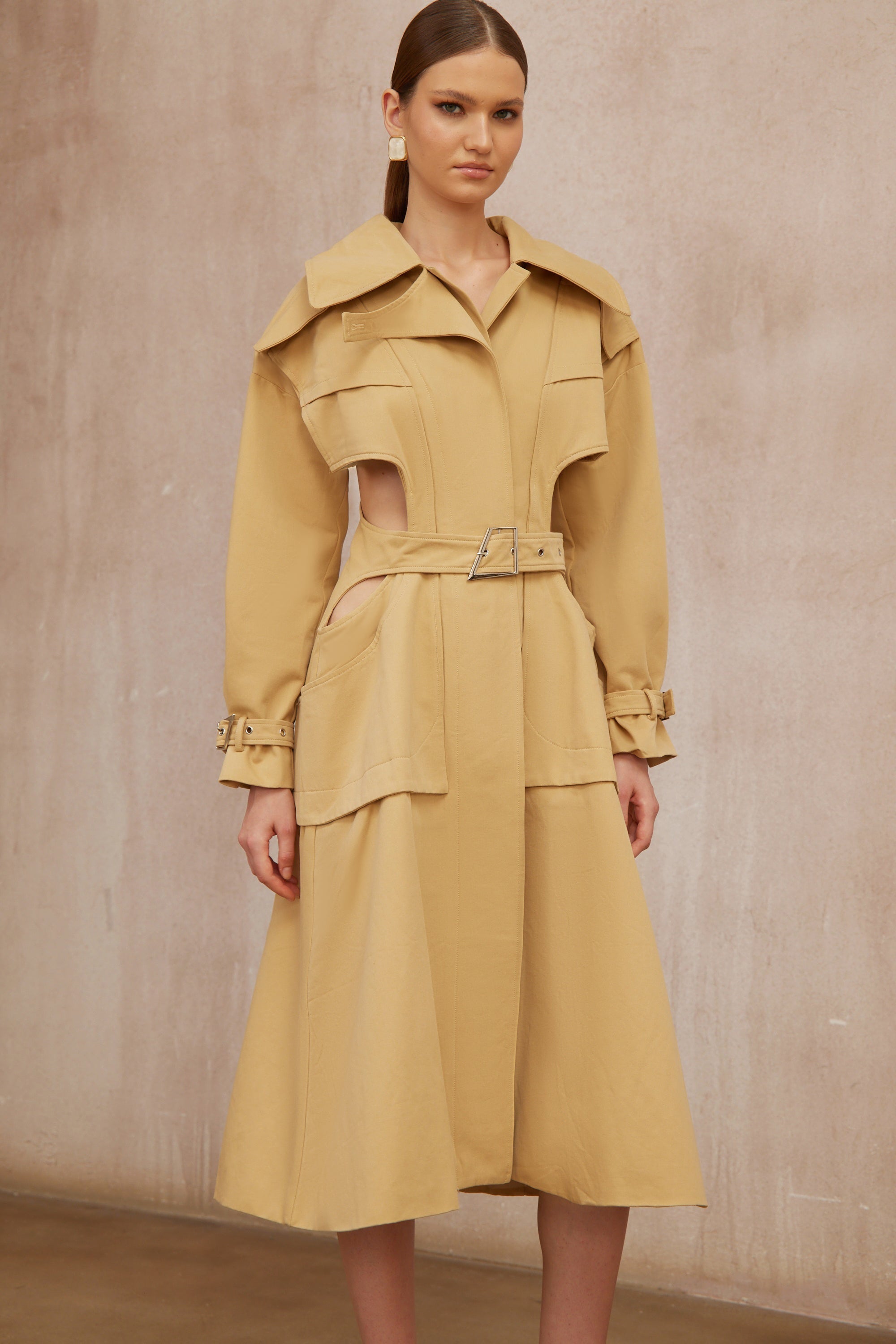 Pilar Neutral Cut Out Belted Long Trench Coat