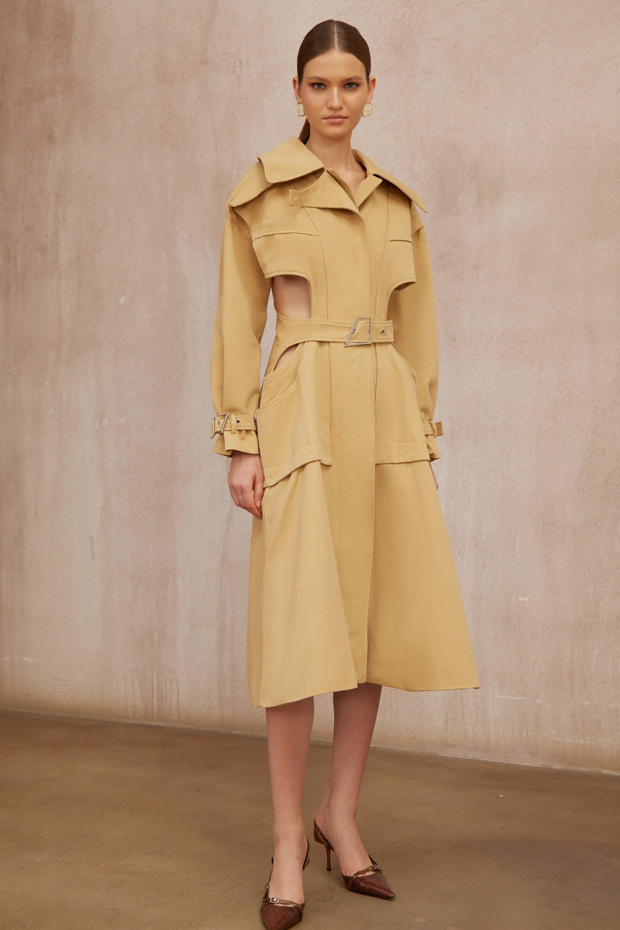 Pilar Neutral Cut Out Belted Long Trench Coat