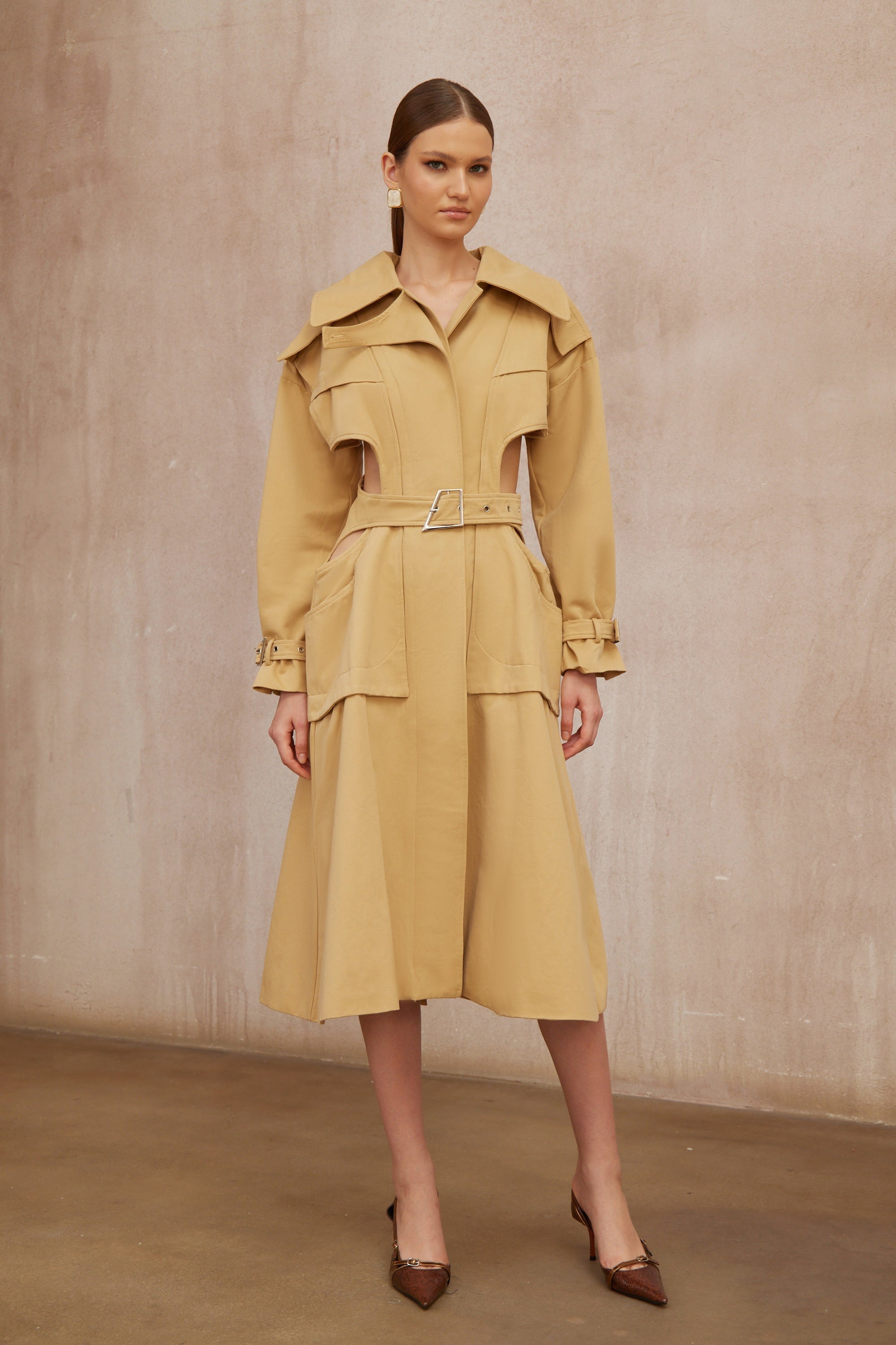 Pilar Neutral Cut Out Belted Long Trench Coat