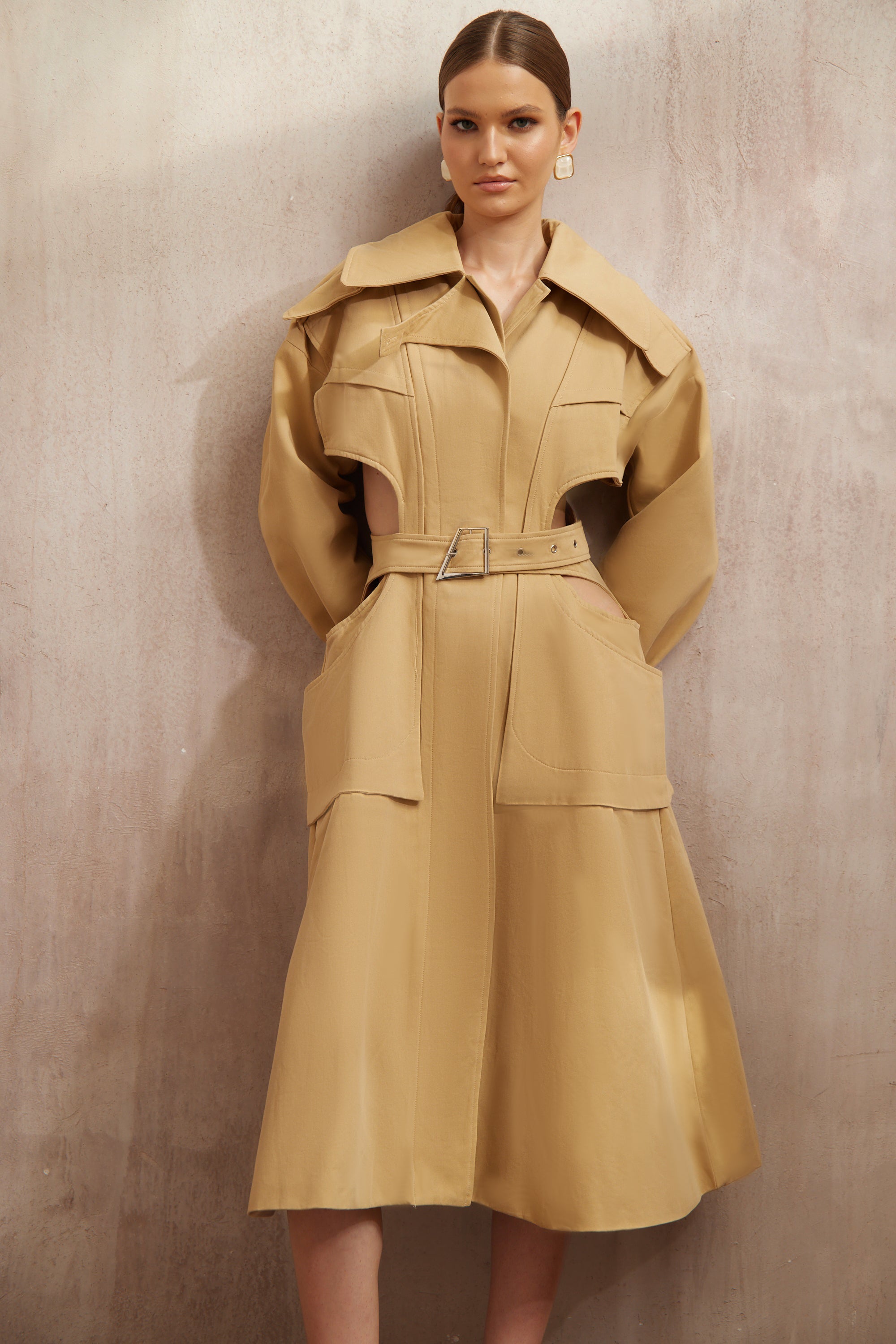 Pilar Neutral Cut Out Belted Long Trench Coat