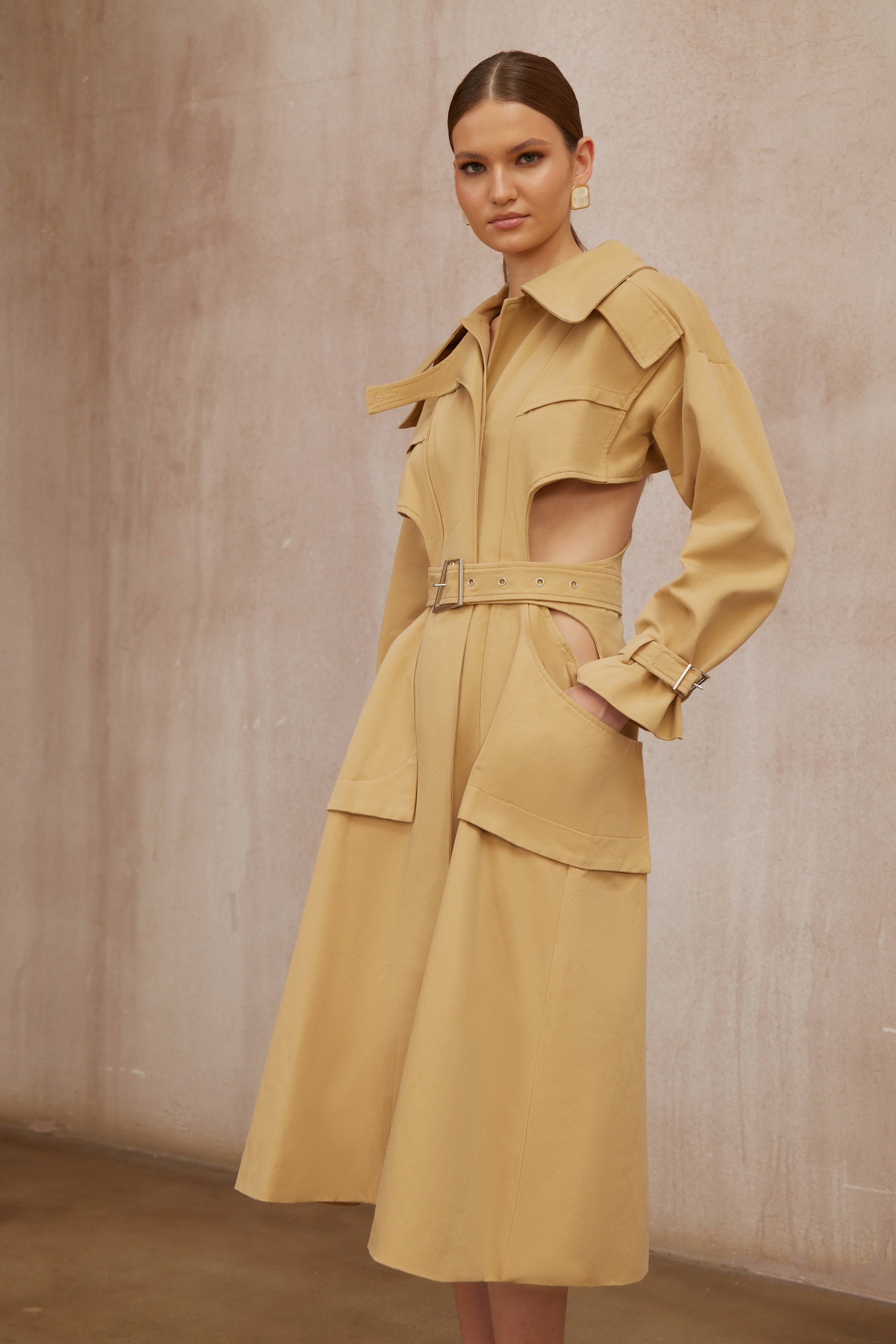 Pilar Neutral Cut Out Belted Long Trench Coat