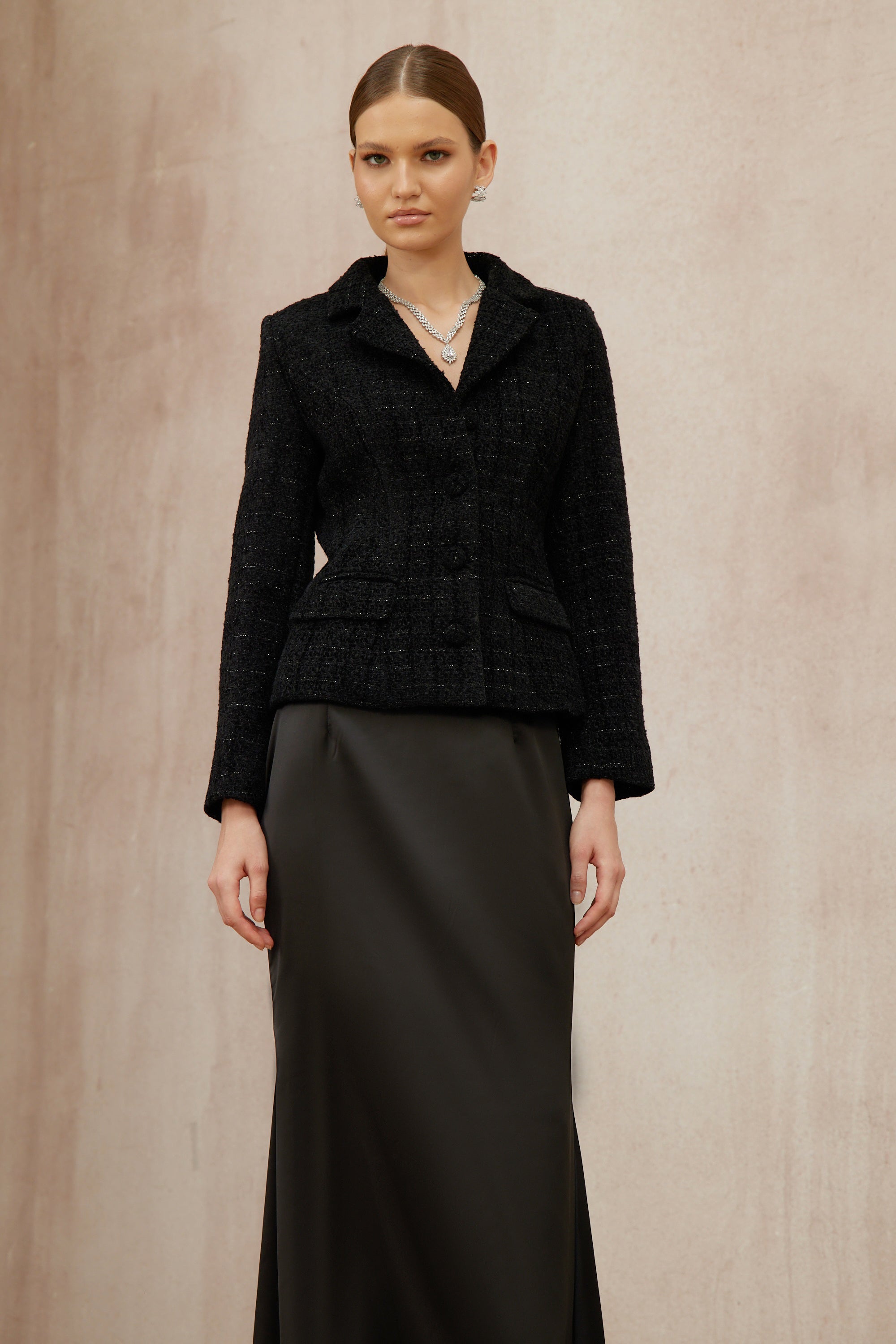Ariadna Black Tweed Jacket & Satin Skirt Set