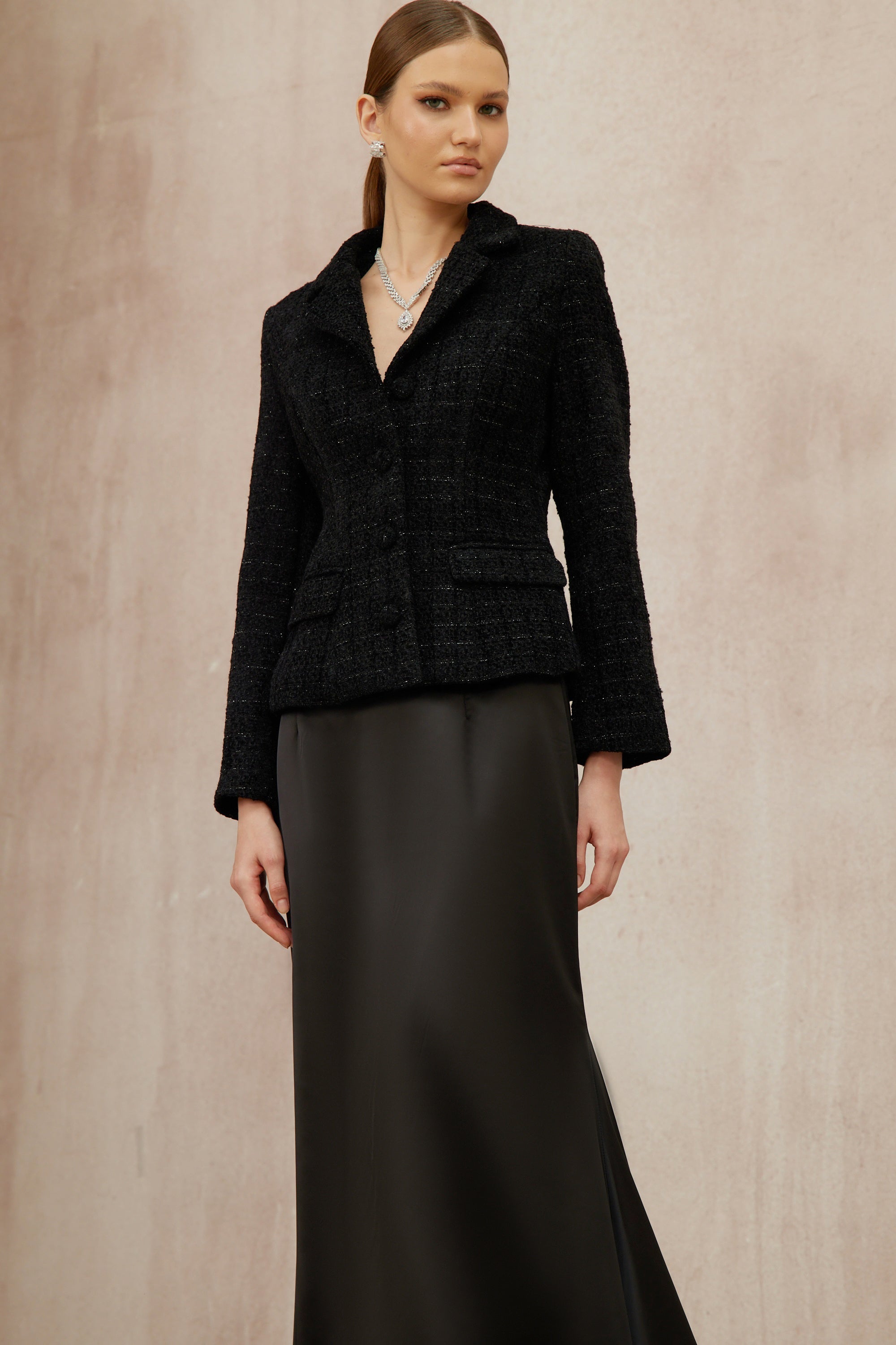 Ariadna Black Tweed Jacket & Satin Skirt Set